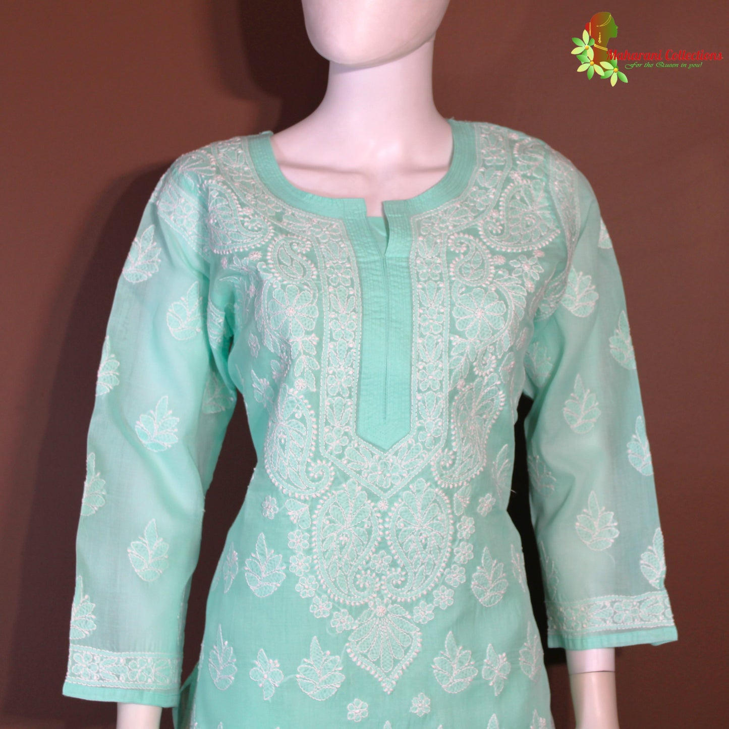 Maharani's Lucknowi Chikankari Pant Suit - Light Sea Green (M) - Pure Cotton