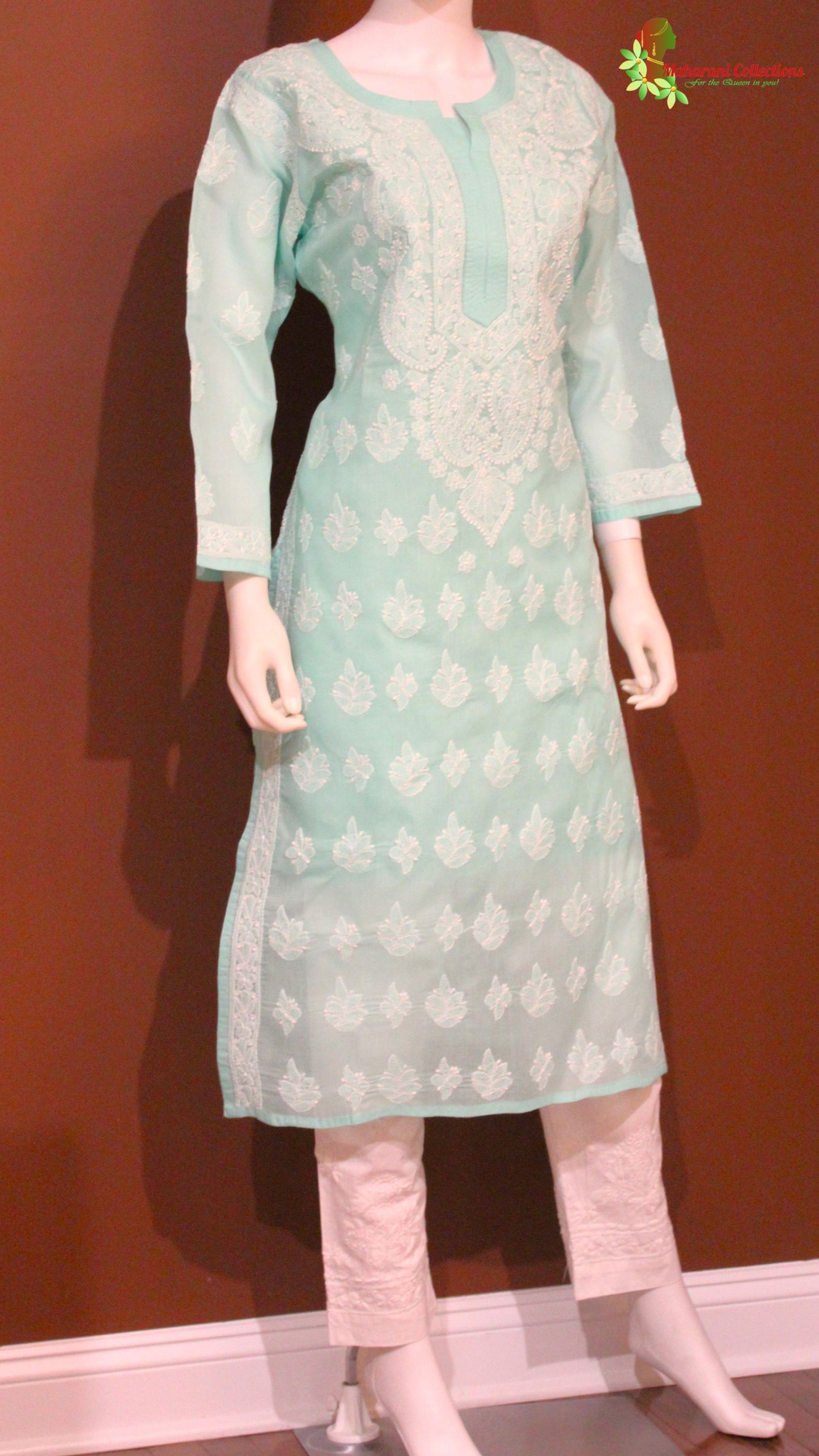Maharani's Lucknowi Chikankari Pant Suit - Light Sea Green (M) - Pure Cotton