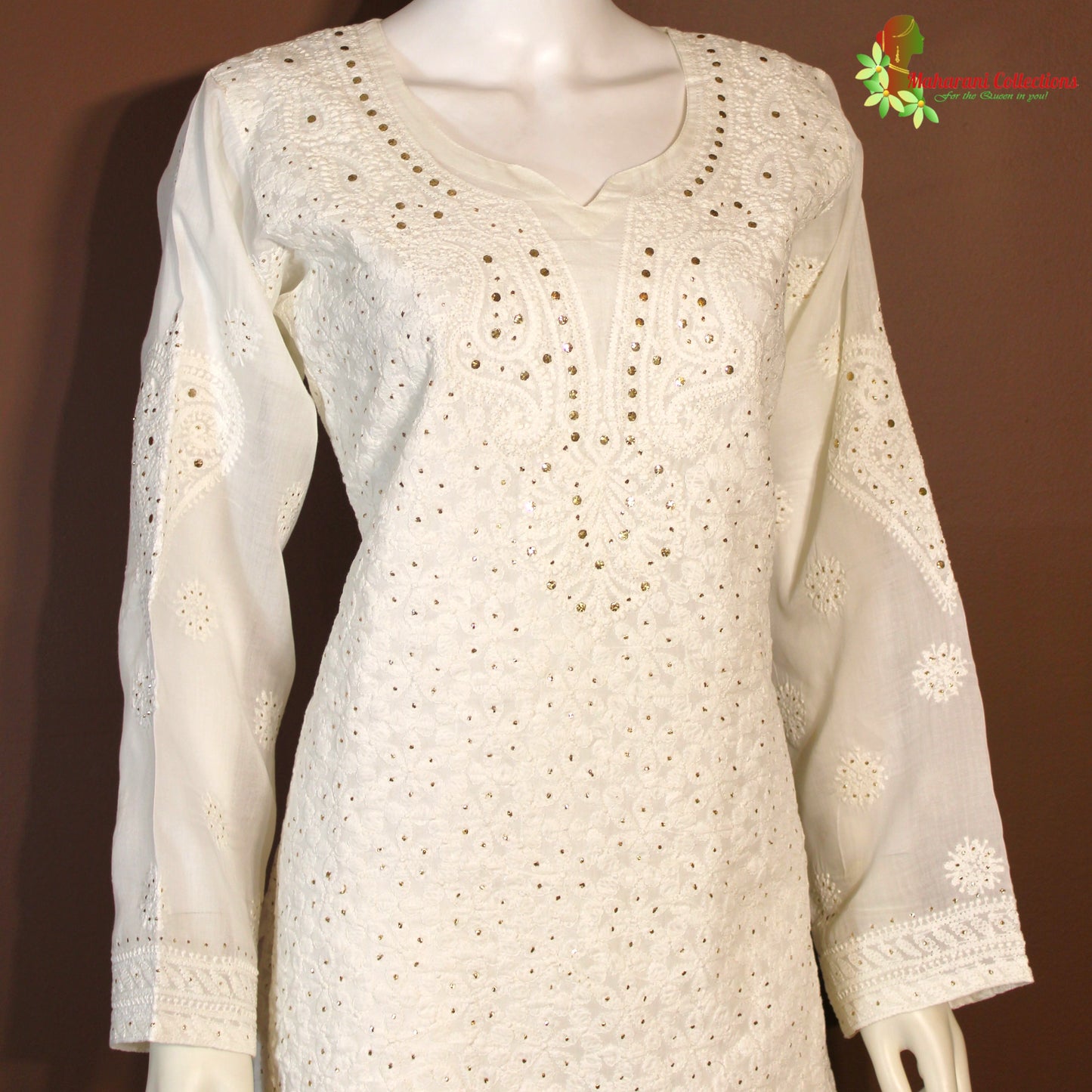 Maharani's Lucknowi Chikankari Pant Suit - White (L) - Cotton Silk