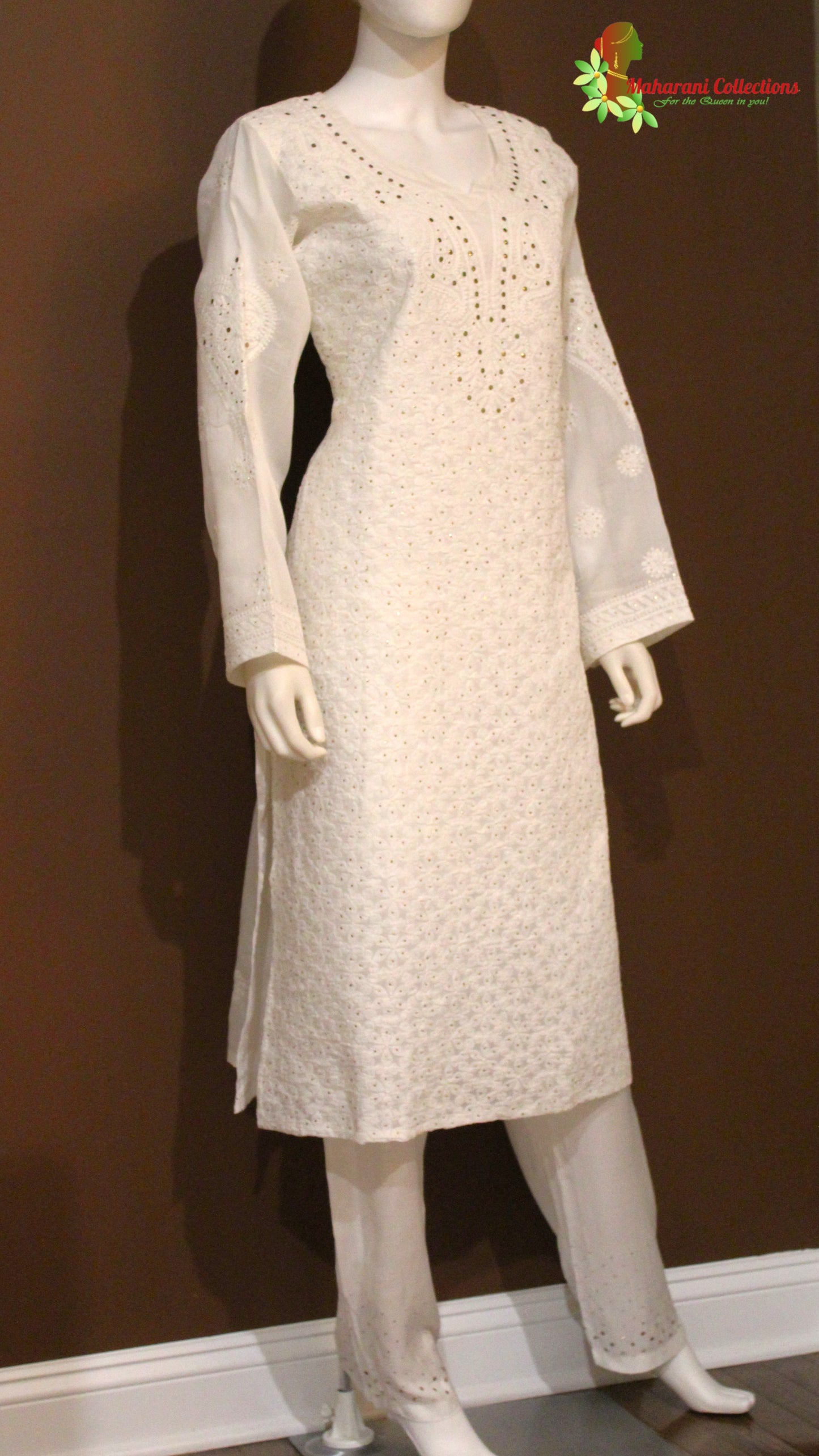 Maharani's Lucknowi Chikankari Pant Suit - White (L) - Cotton Silk