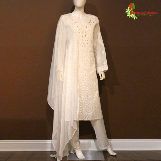 Maharani's Lucknowi Chikankari Pant Suit - White (L) - Cotton Silk