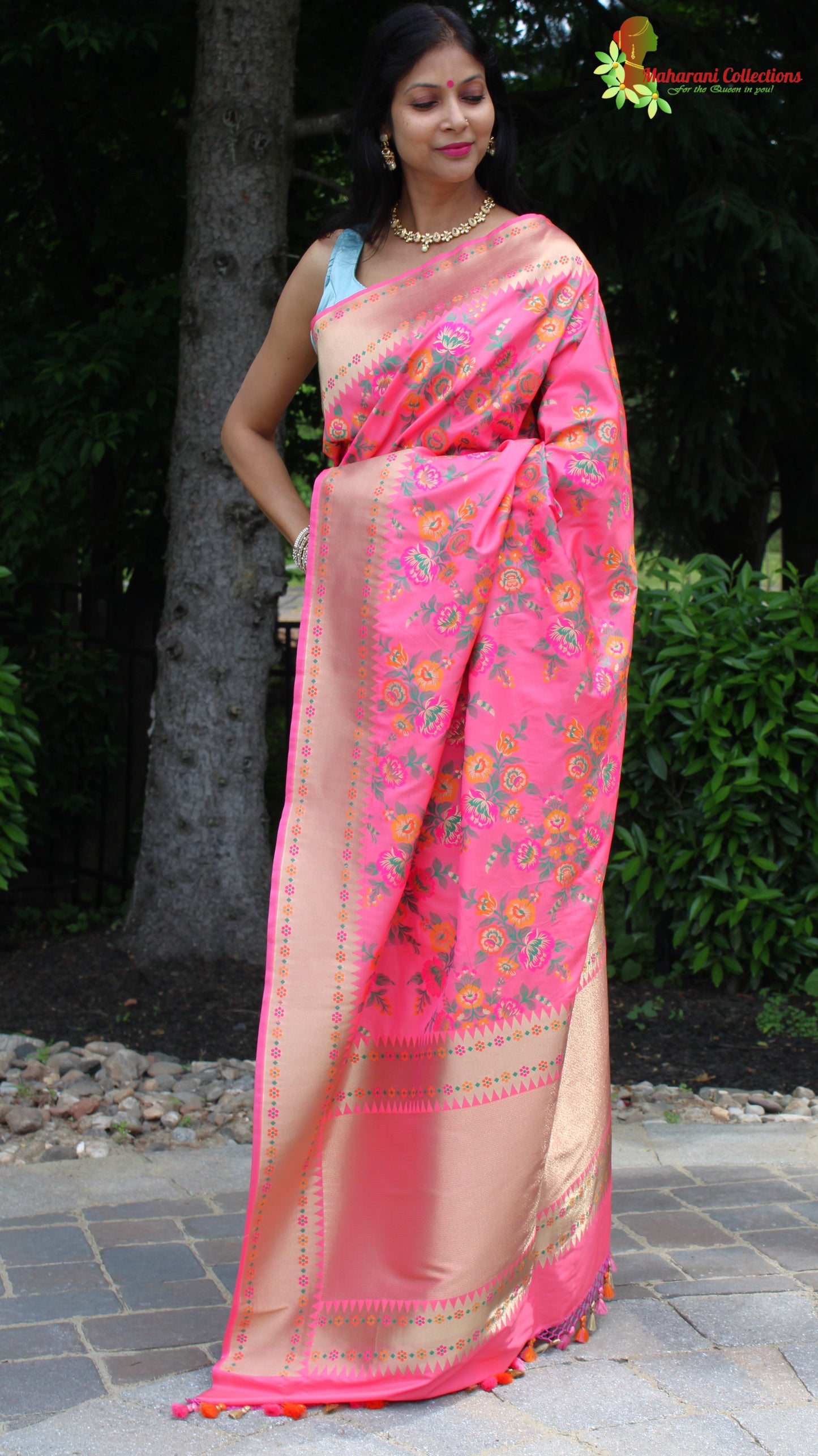 Maharani's Pure Heavy Zari Banarasi Silk Saree - Pink (with Stitched Blouse and Petticoat)