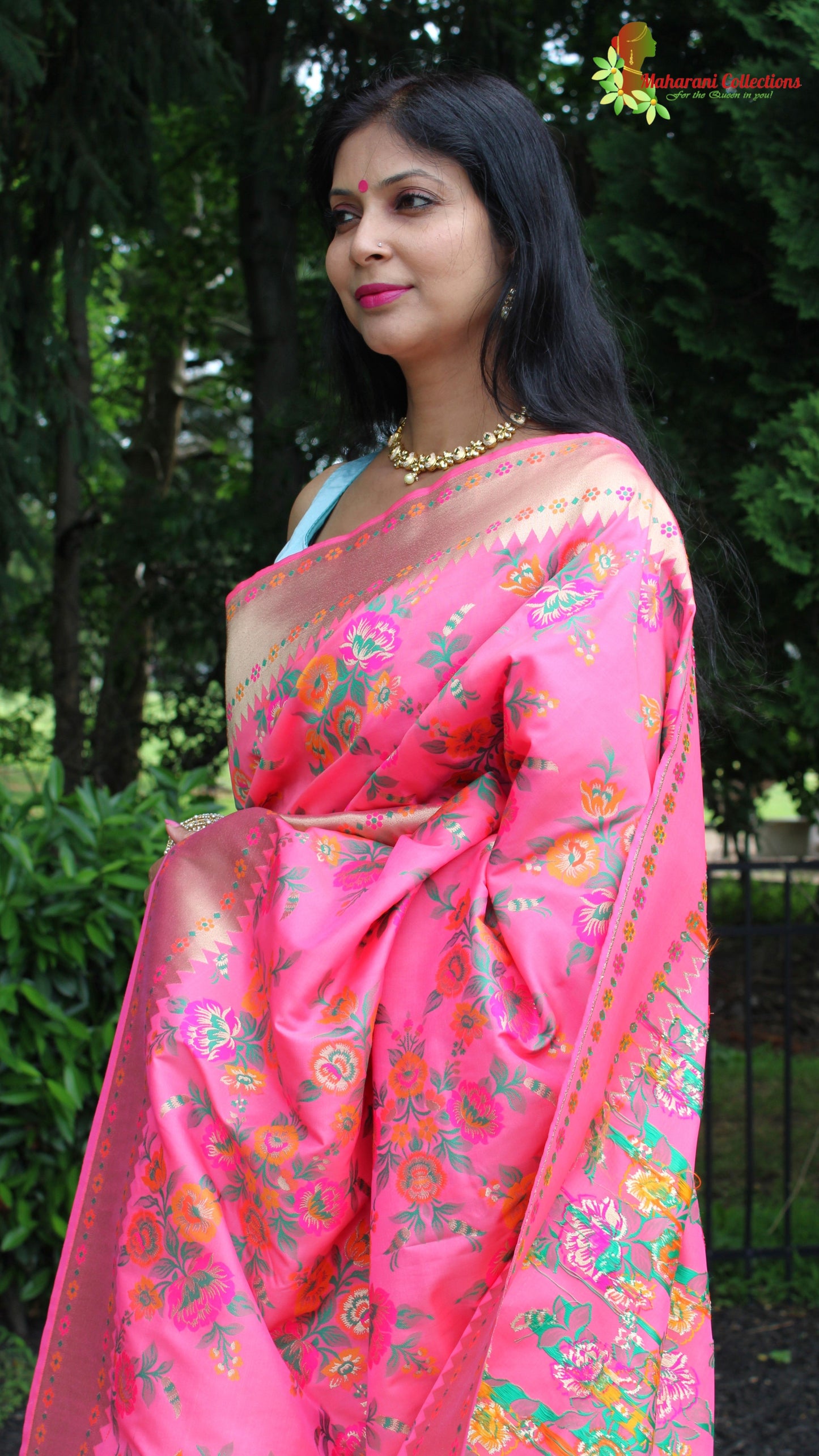 Maharani's Pure Heavy Zari Banarasi Silk Saree - Pink (with Stitched Blouse and Petticoat)