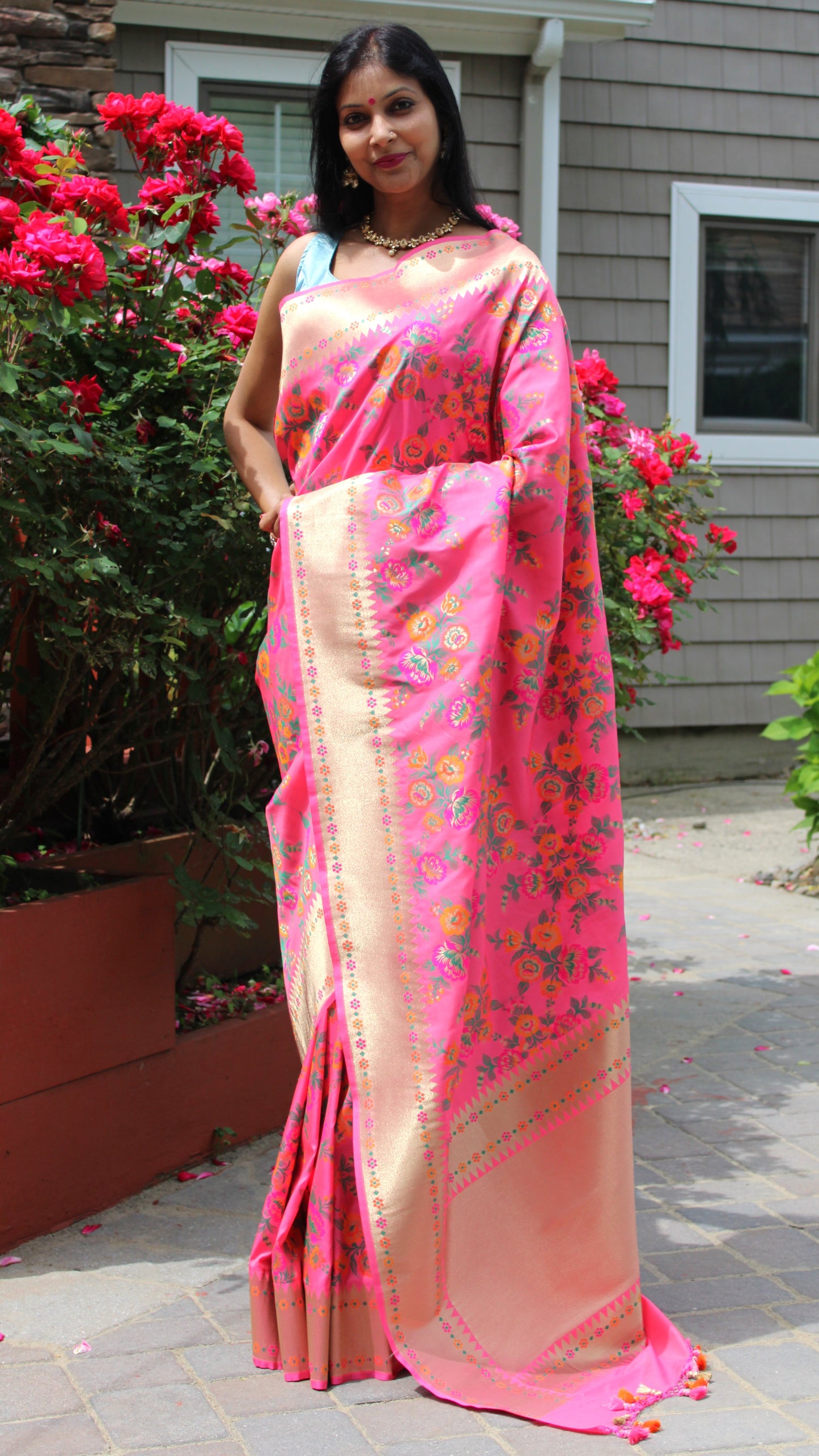 Maharani's Pure Heavy Zari Banarasi Silk Saree - Pink (with Stitched Blouse and Petticoat)