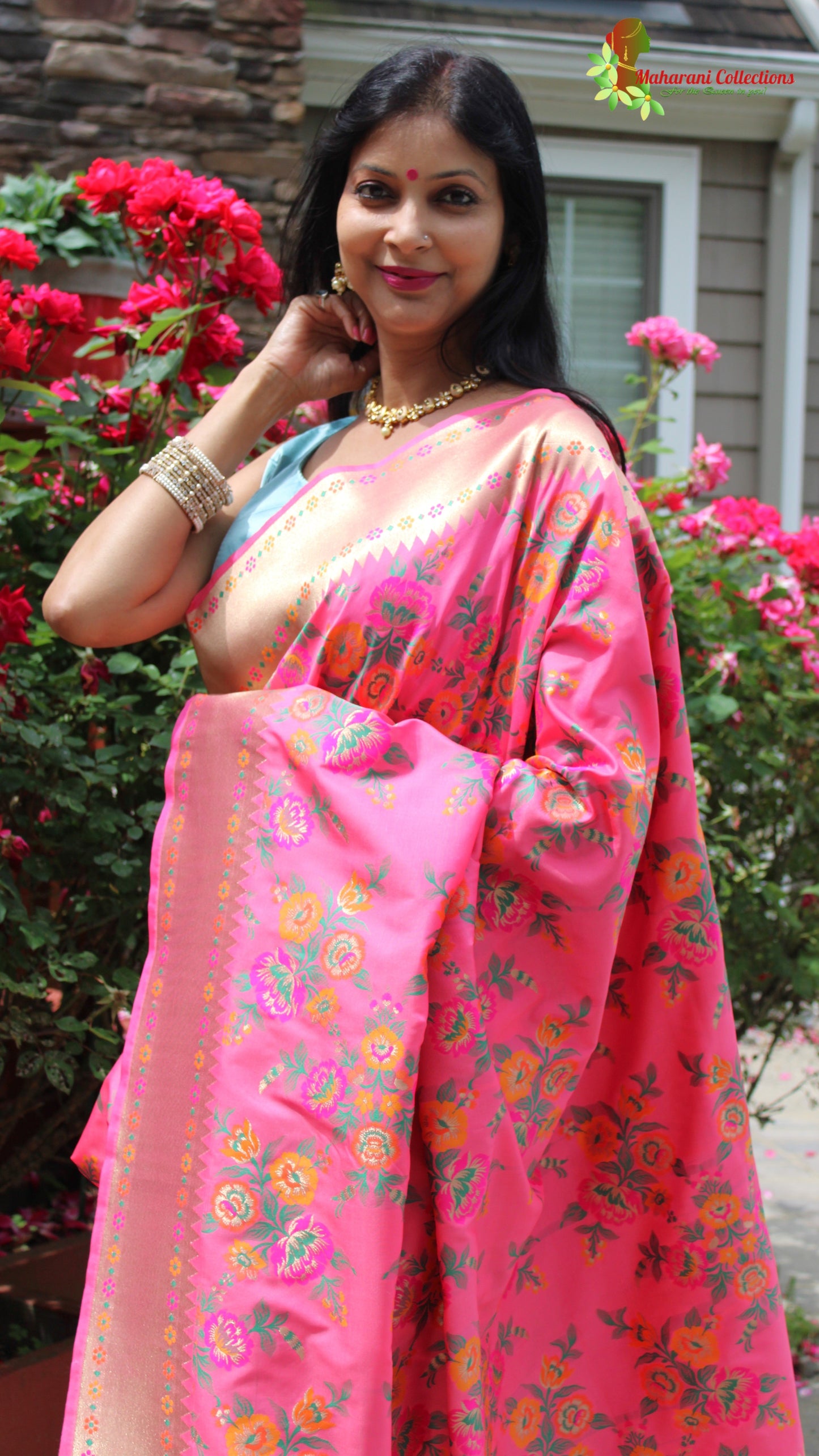 Maharani's Pure Heavy Zari Banarasi Silk Saree - Pink (with Stitched Blouse and Petticoat)