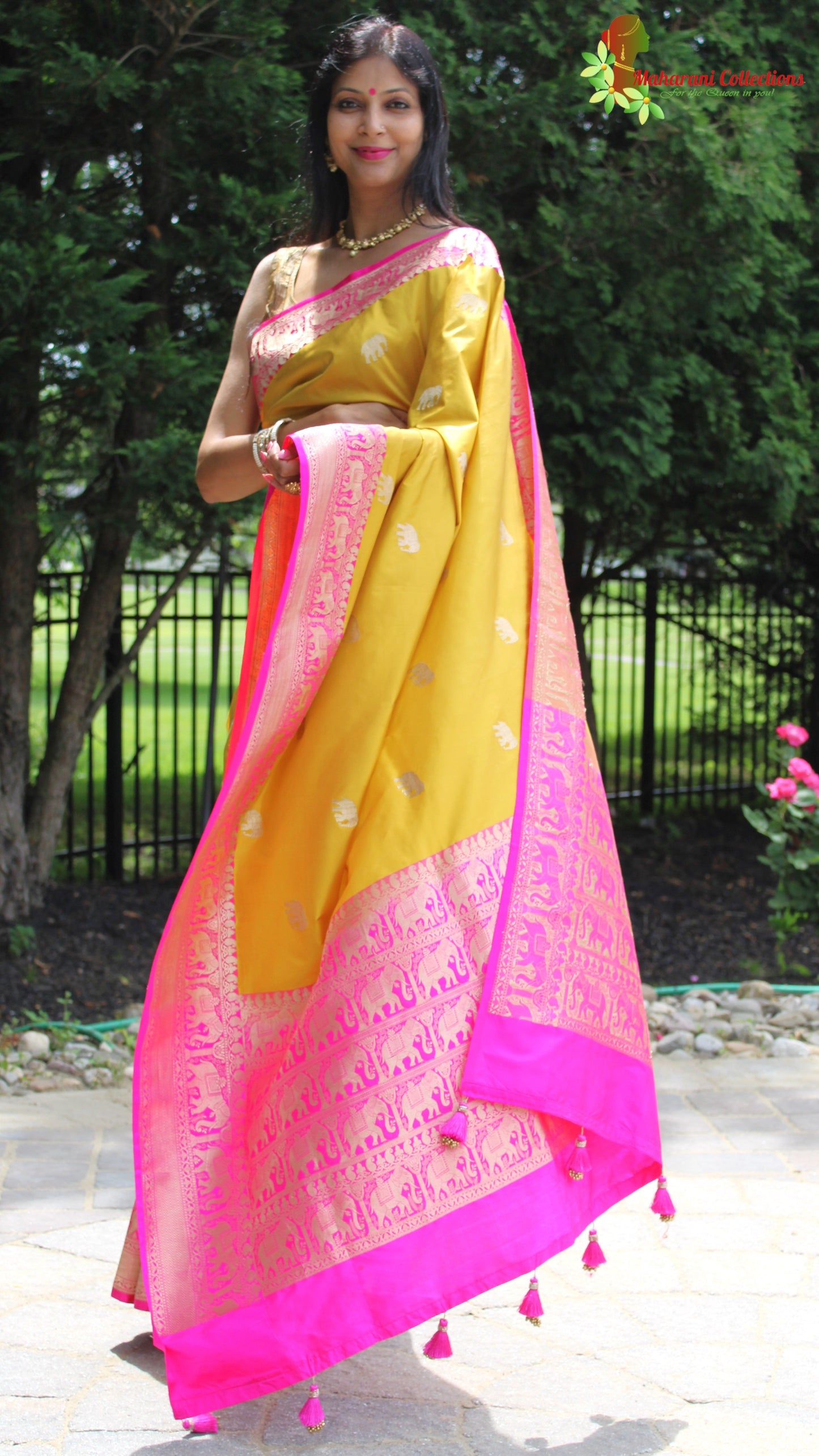 Maharani's Pure Heavy Zari Banarasi Silk Saree - Yellow & Pink (with Stitched Blouse and Petticoat)