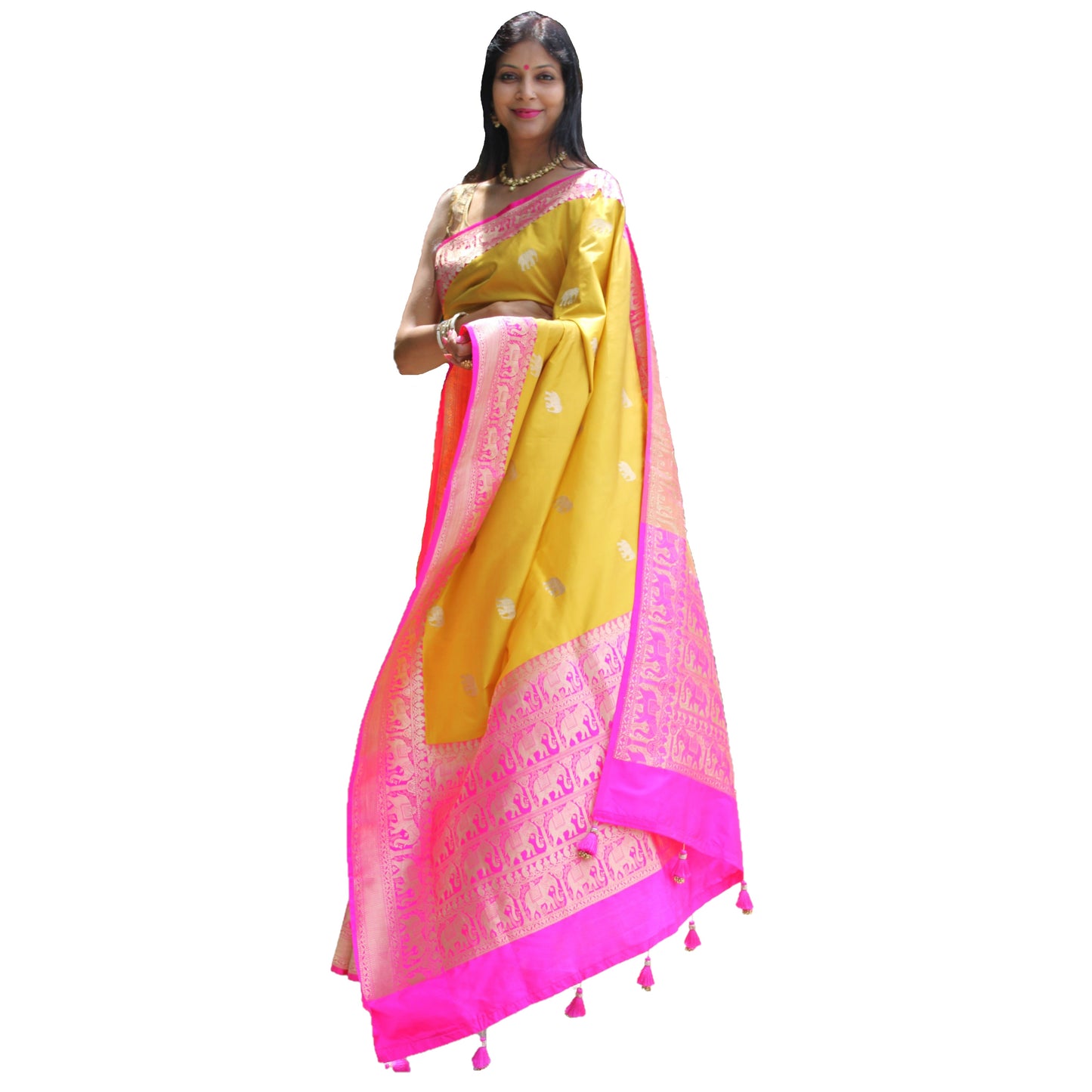 Maharani's Pure Heavy Zari Banarasi Silk Saree - Yellow & Pink (with Stitched Blouse and Petticoat)