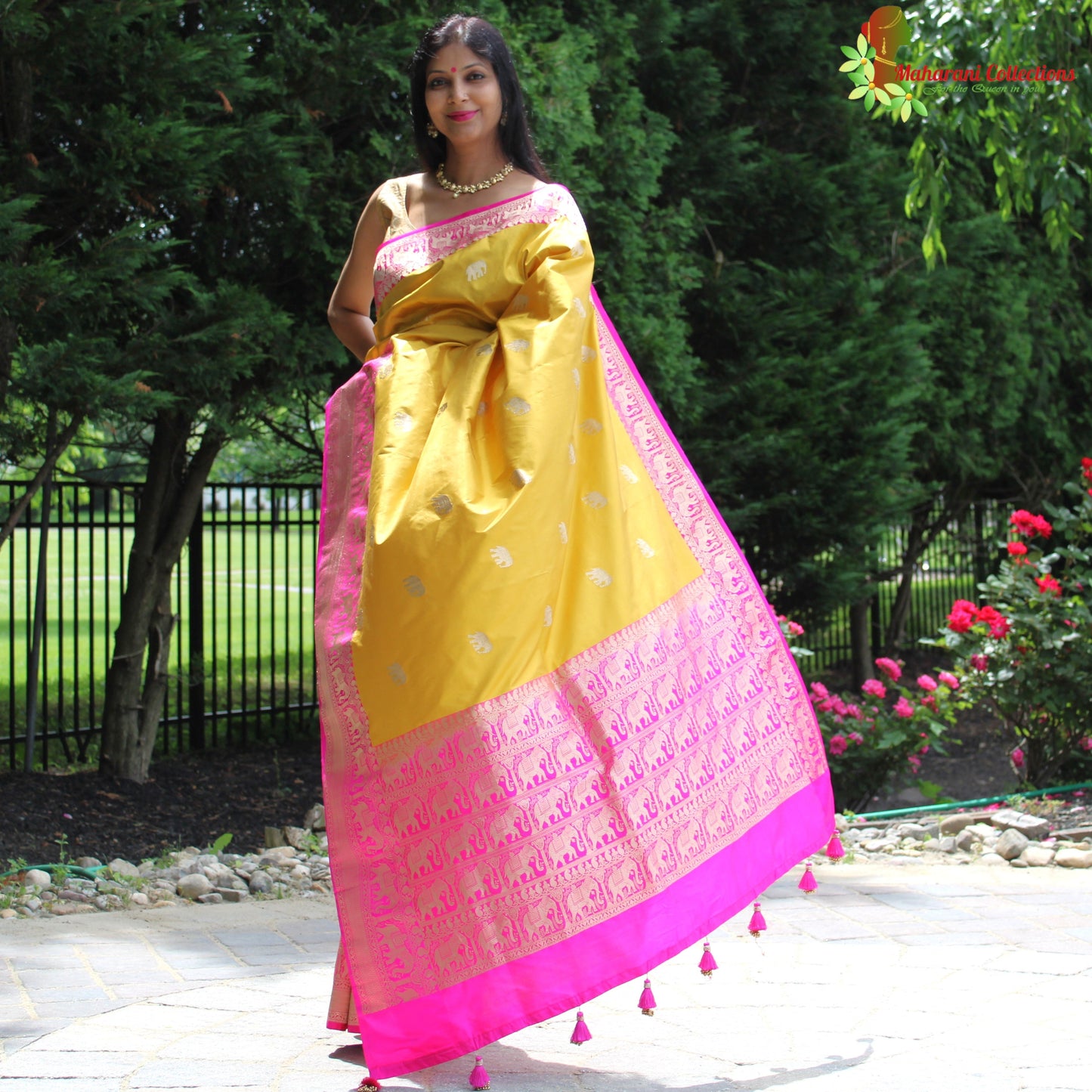 Maharani's Pure Heavy Zari Banarasi Silk Saree - Yellow & Pink (with Stitched Blouse and Petticoat)
