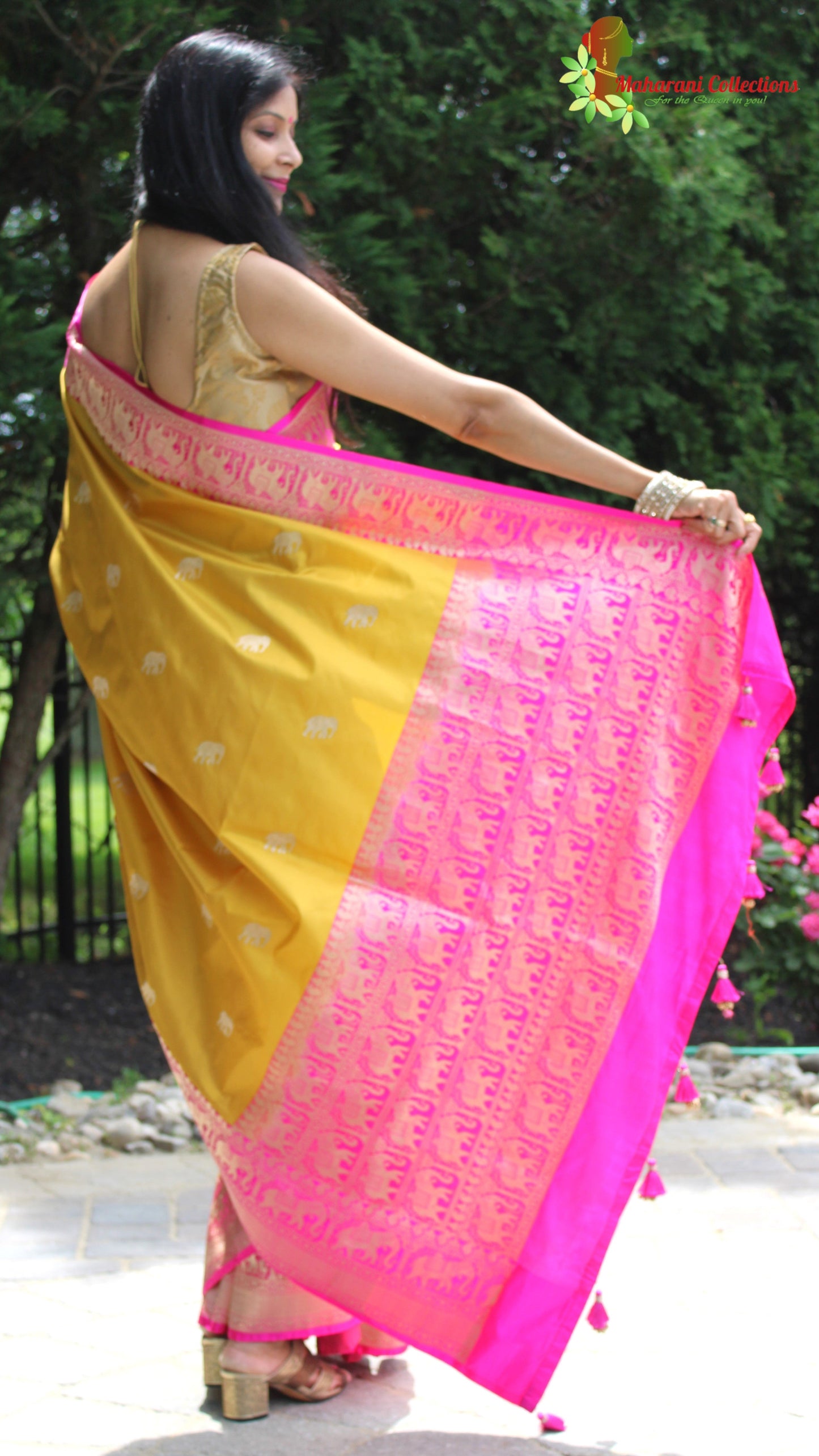 Maharani's Pure Heavy Zari Banarasi Silk Saree - Yellow & Pink (with Stitched Blouse and Petticoat)