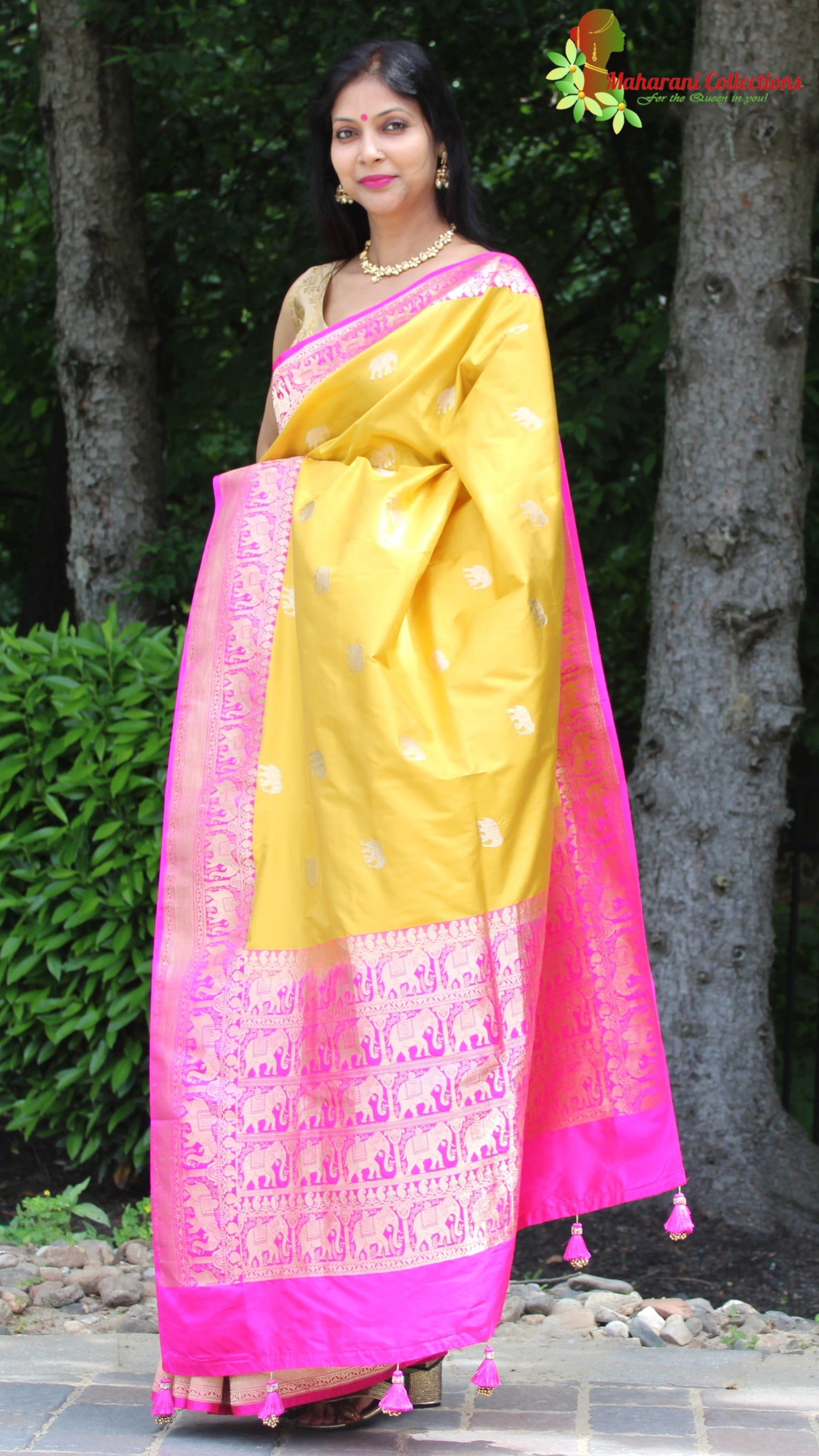 Maharani's Pure Heavy Zari Banarasi Silk Saree - Yellow & Pink (with Stitched Blouse and Petticoat)