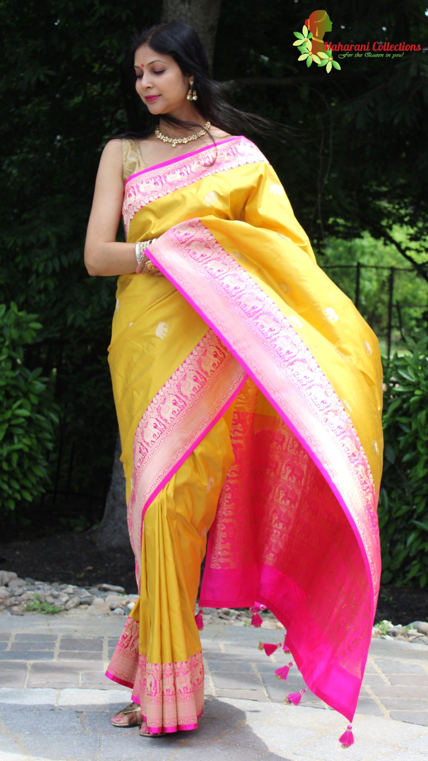 Maharani's Pure Heavy Zari Banarasi Silk Saree - Yellow & Pink (with Stitched Blouse and Petticoat)