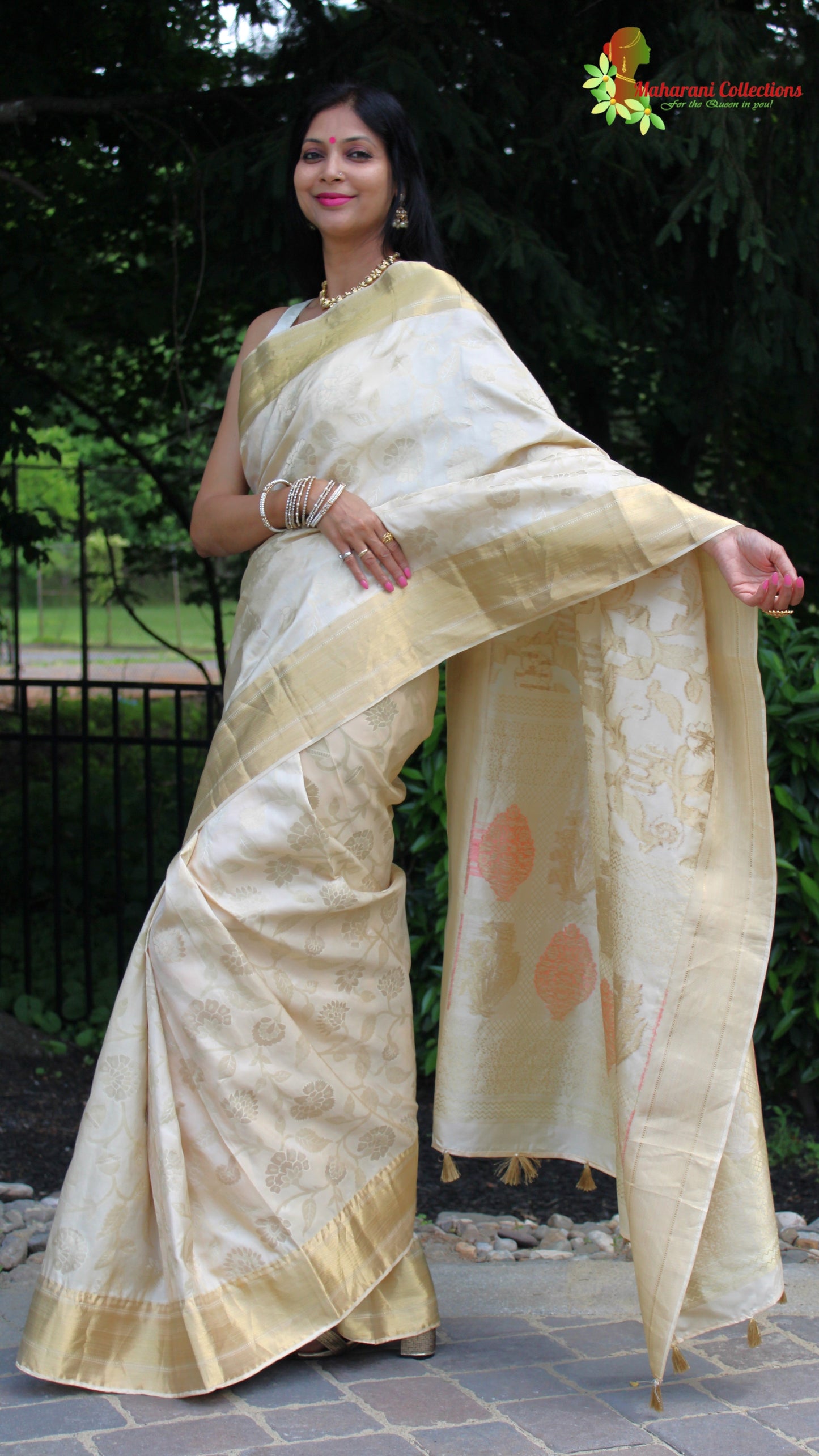 Maharani's Pure Heavy Zari Banarasi Silk Saree - Cream (with Stitched Blouse and Petticoat)