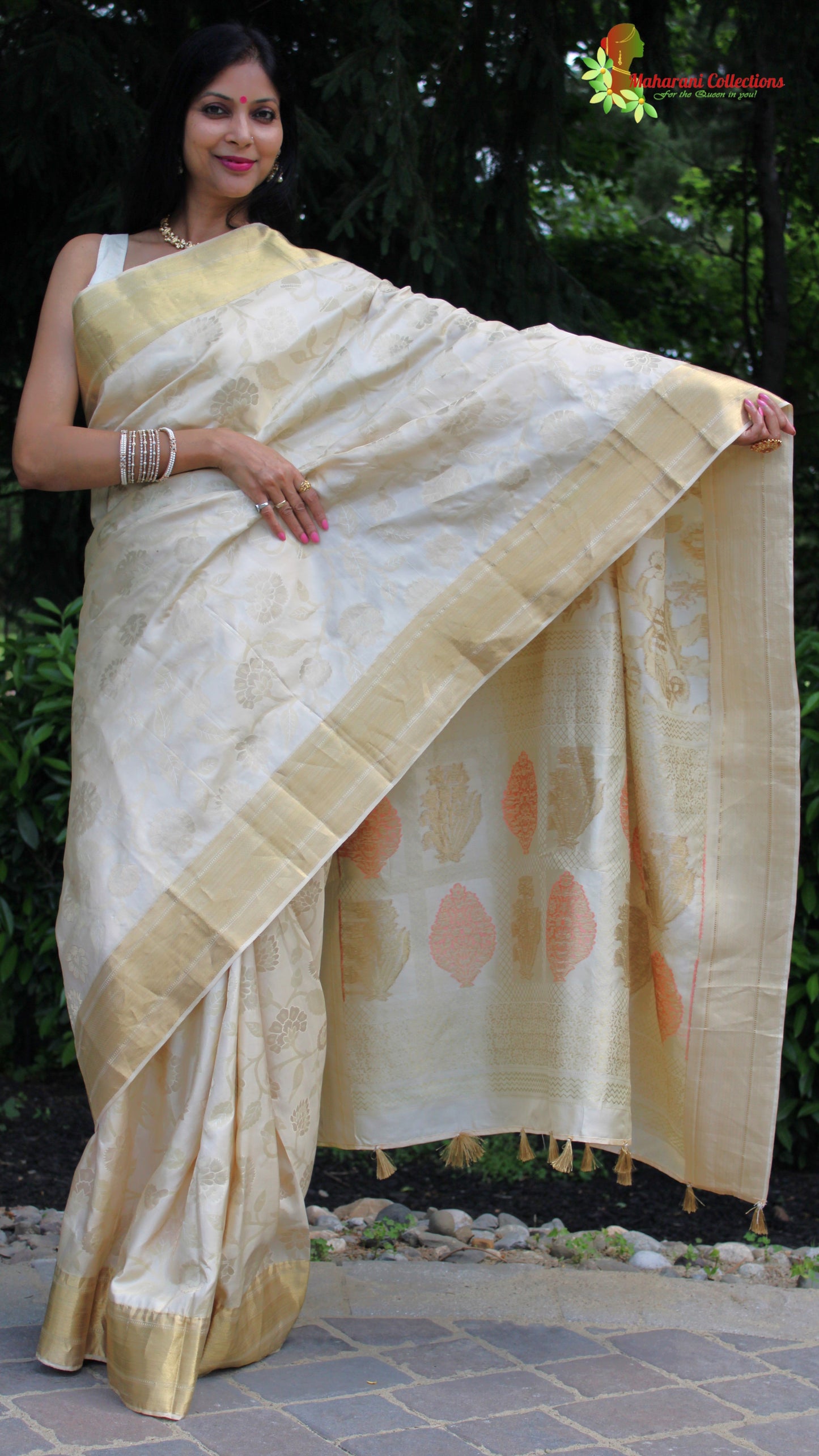 Maharani's Pure Heavy Zari Banarasi Silk Saree - Cream (with Stitched Blouse and Petticoat)