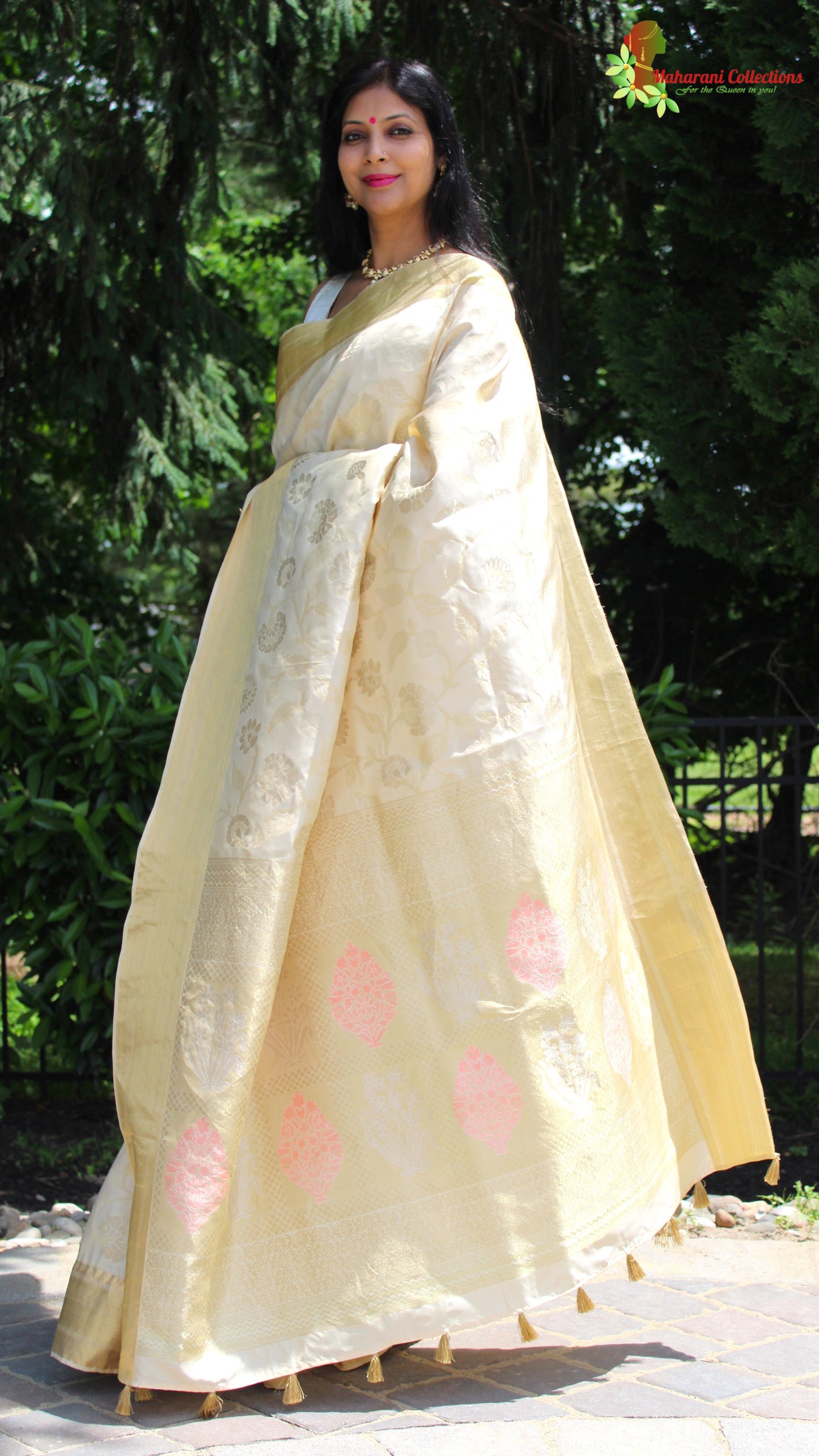 Maharani's Pure Heavy Zari Banarasi Silk Saree - Cream (with Stitched Blouse and Petticoat)