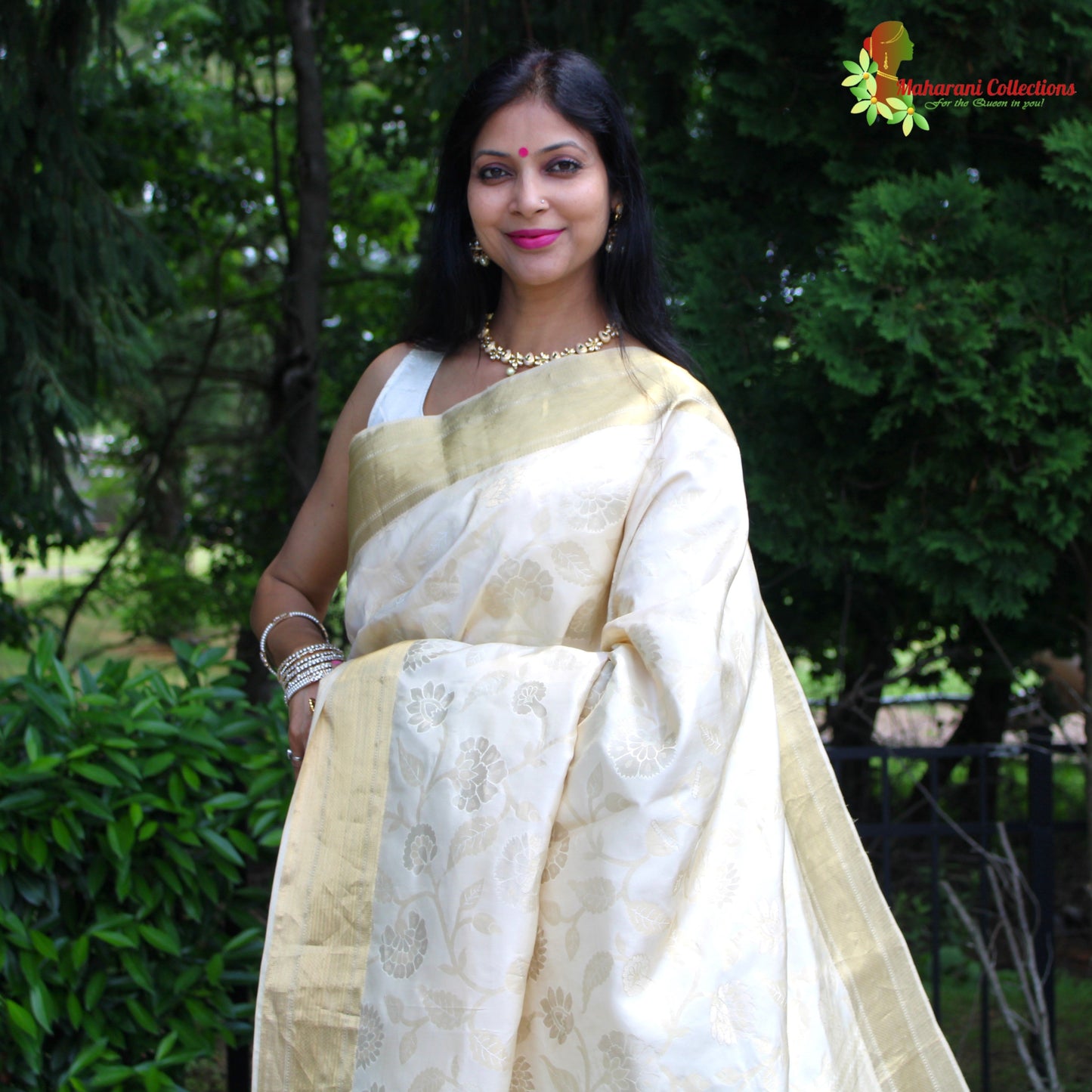 Maharani's Pure Heavy Zari Banarasi Silk Saree - Cream (with Stitched Blouse and Petticoat)