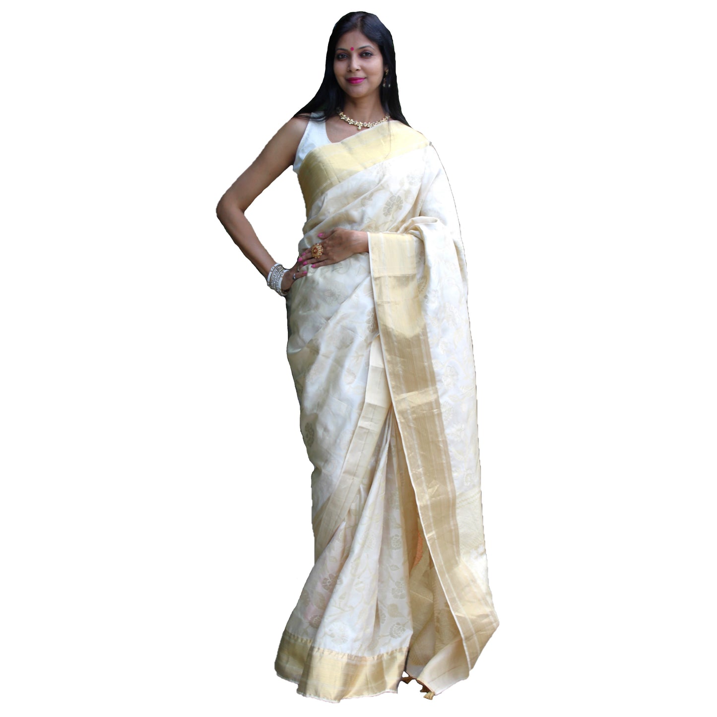 Maharani's Pure Heavy Zari Banarasi Silk Saree - Cream (with Stitched Blouse and Petticoat)