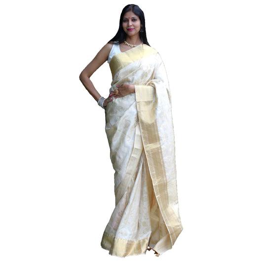 Maharani's Pure Heavy Zari Banarasi Silk Saree - Cream (with Stitched Blouse and Petticoat)