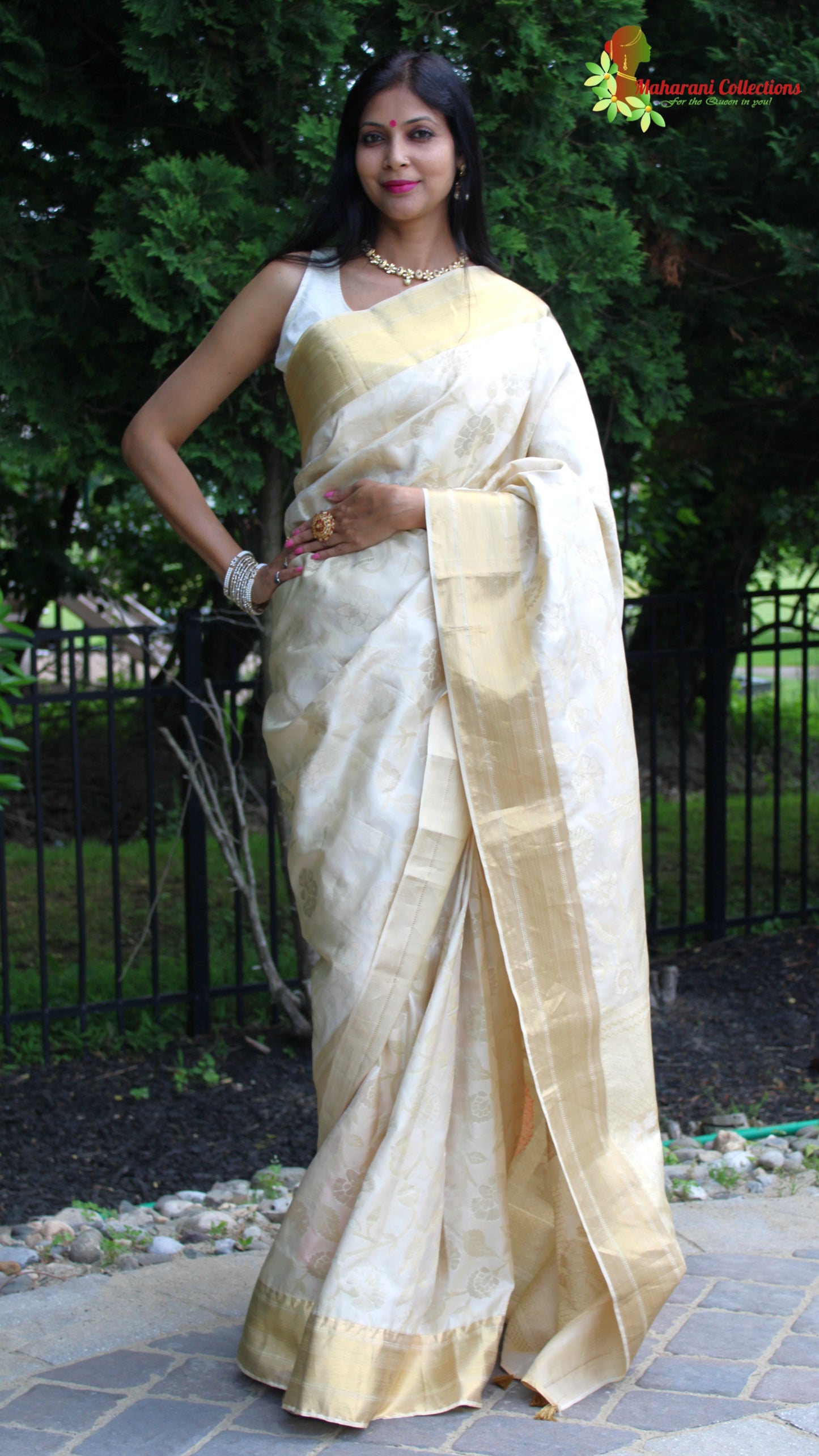 Maharani's Pure Heavy Zari Banarasi Silk Saree - Cream (with Stitched Blouse and Petticoat)