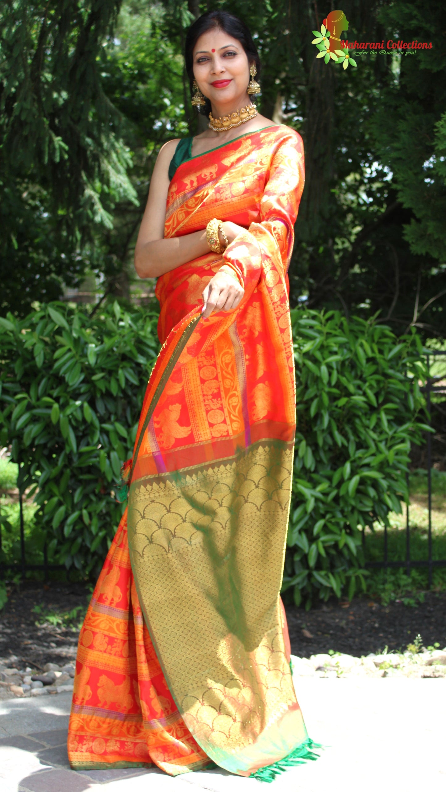 Maharani's Pure Handloom Kanjivaram Silk Saree - Bridal Red with Golden Zari and Boota Work