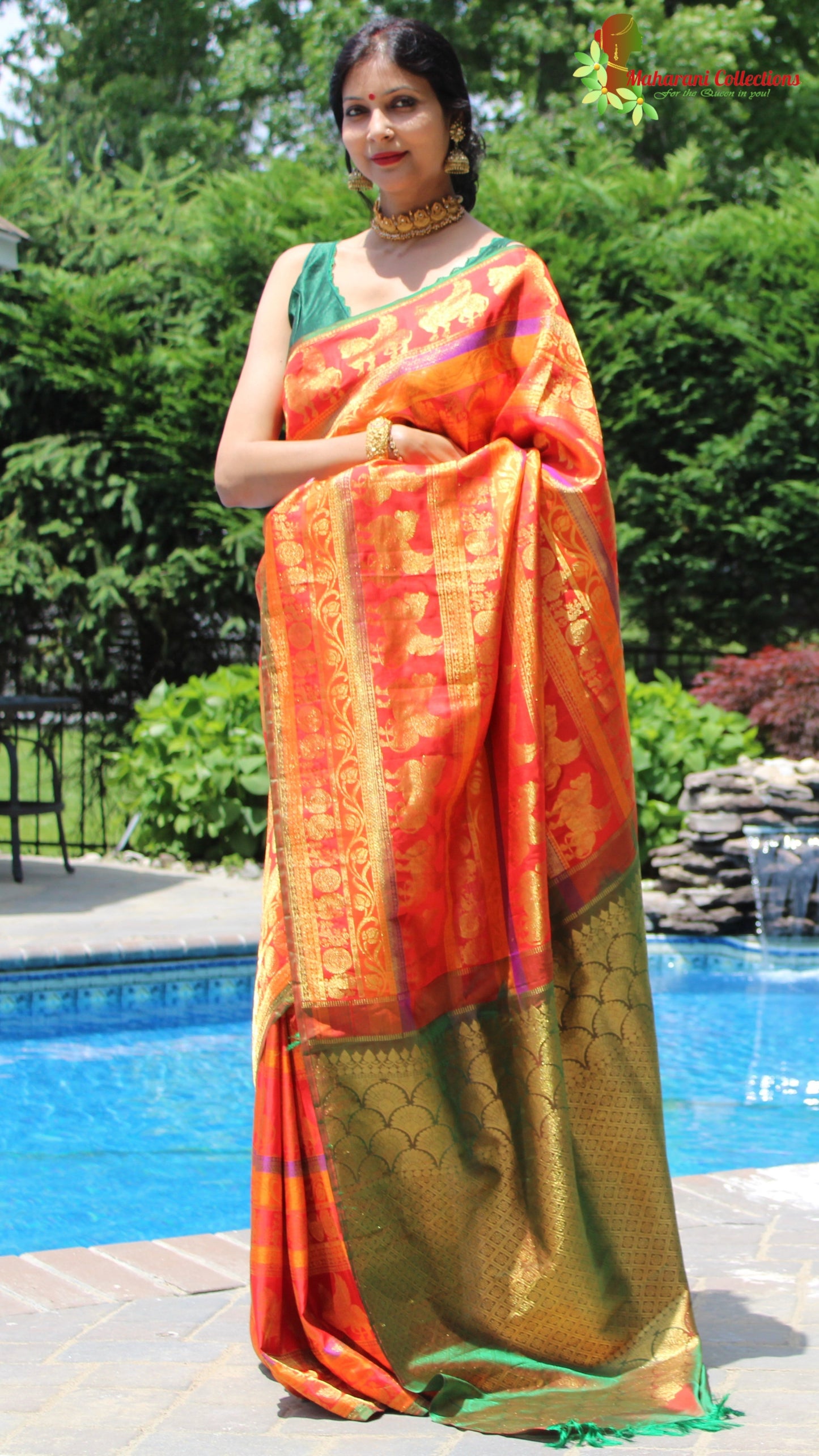 Maharani's Pure Handloom Kanjivaram Silk Saree - Bridal Red with Golden Zari and Boota Work