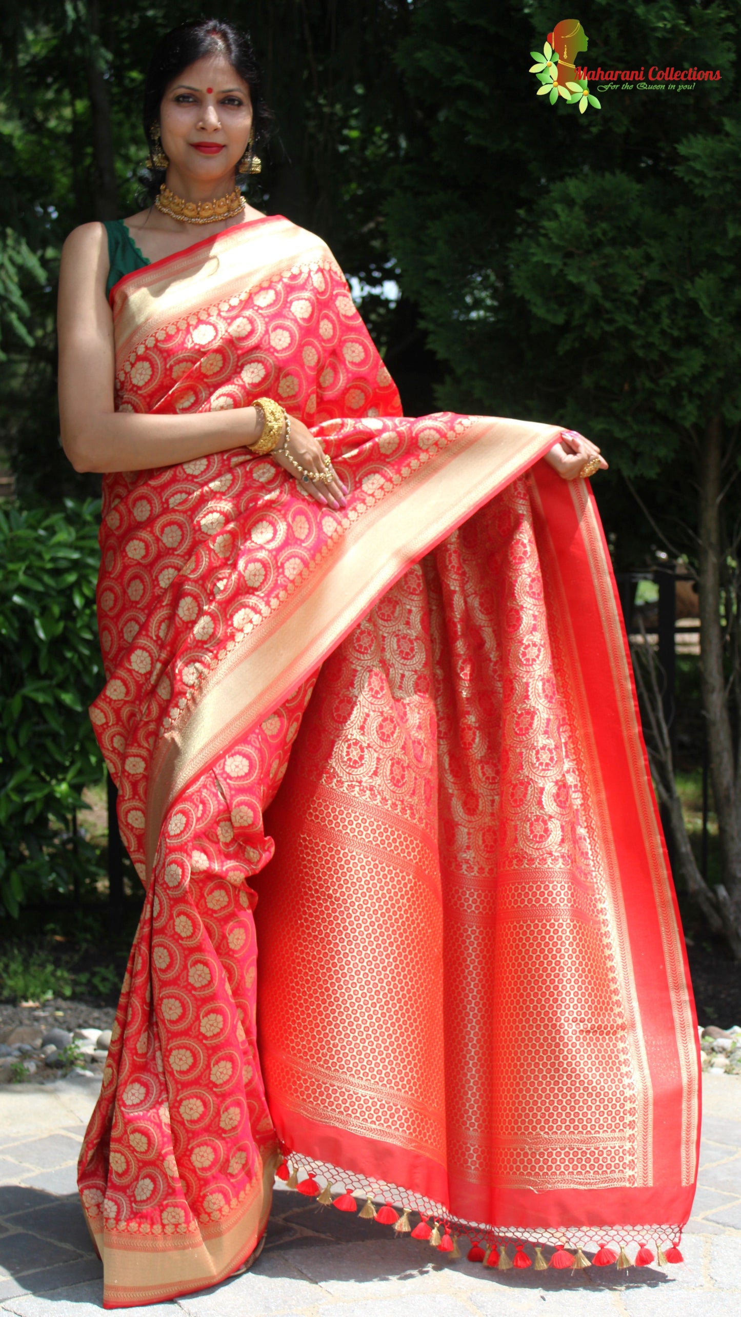 Maharani's Pure Heavy Zari Banarasi Silk Saree - Bridal Red (with Stitched Blouse and Petticoat)