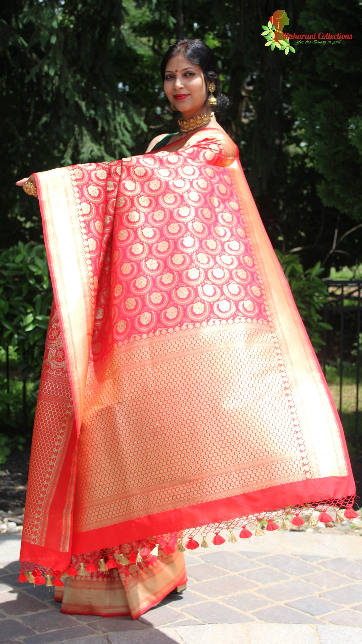 Maharani's Pure Heavy Zari Banarasi Silk Saree - Bridal Red (with Stitched Blouse and Petticoat)