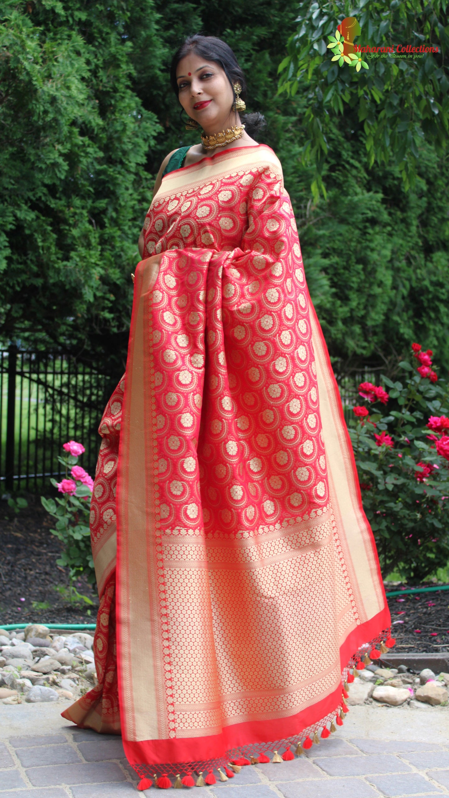 Maharani's Pure Heavy Zari Banarasi Silk Saree - Bridal Red (with Stitched Blouse and Petticoat)