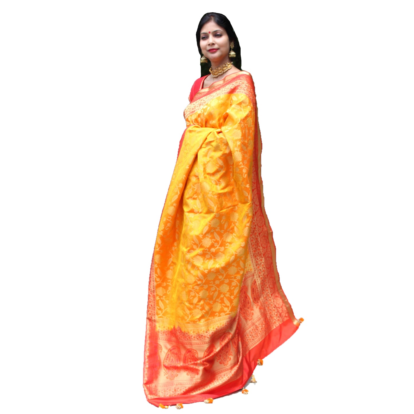Maharani's Pure Heavy Zari Banarasi Silk Saree - Yellow (with Stitched Blouse and Petticoat)