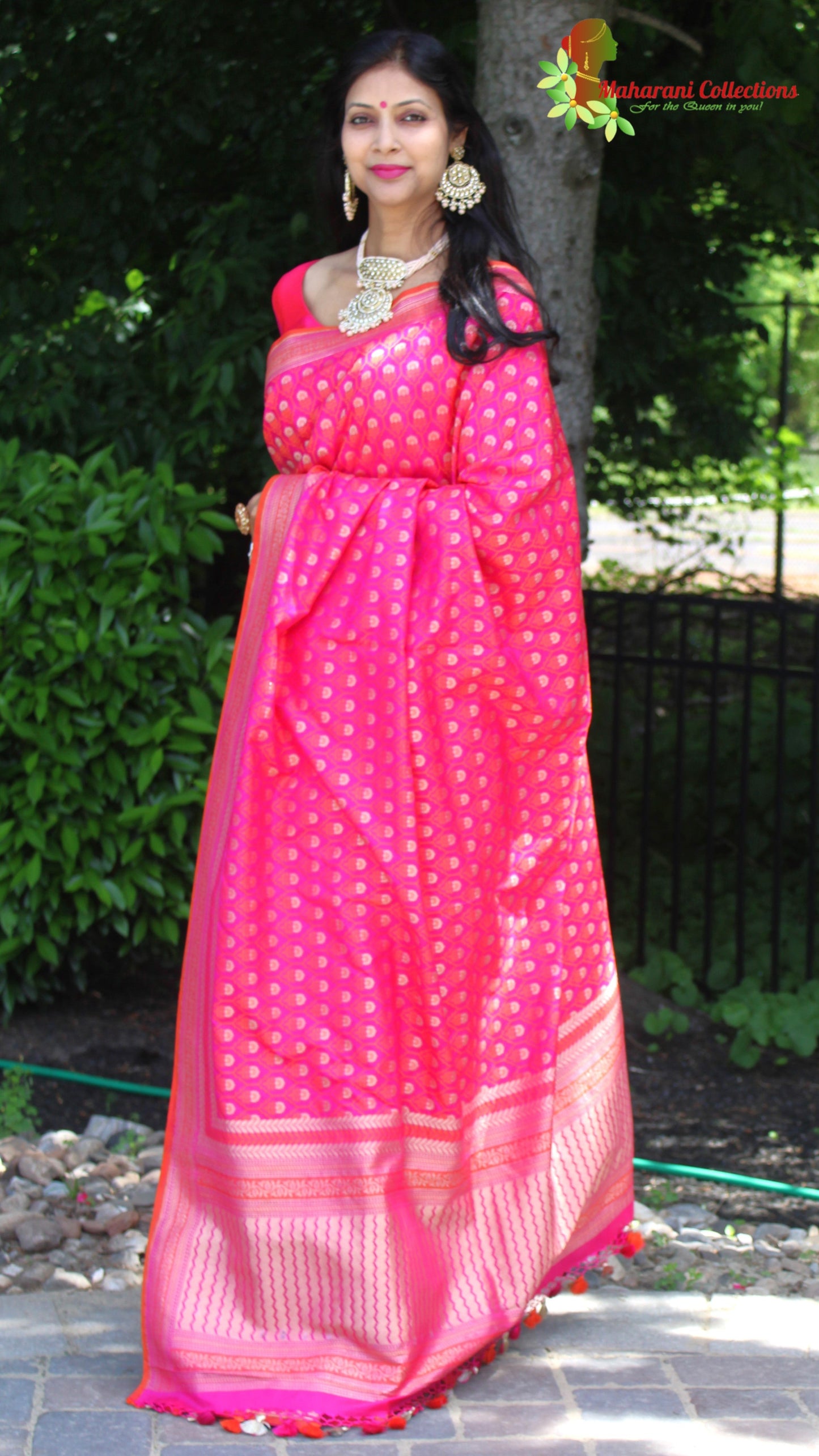 Maharani's Pure Banarasi Silk Saree - Pink (with Stitched Blouse and Petticoat)