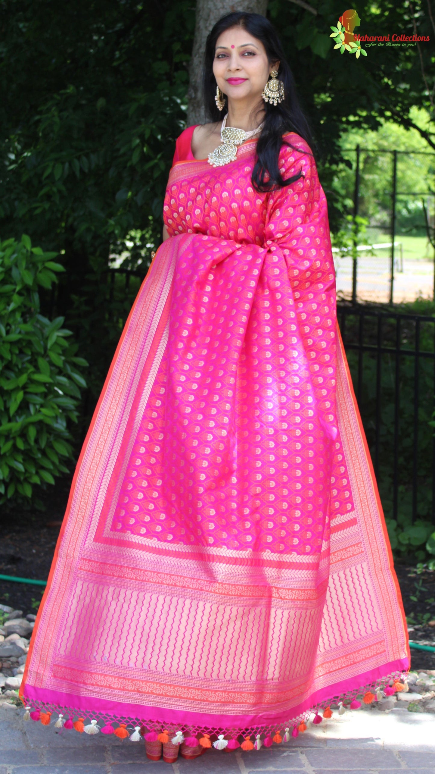 Maharani's Pure Banarasi Silk Saree - Pink (with Stitched Blouse and Petticoat)