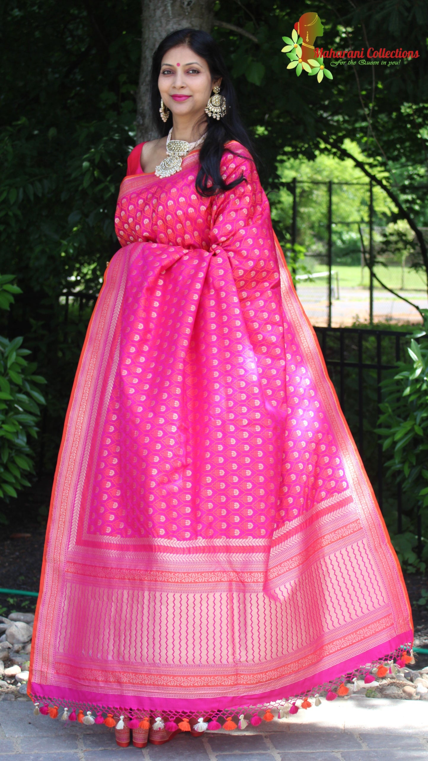 Maharani's Pure Banarasi Silk Saree - Pink (with Stitched Blouse and Petticoat)