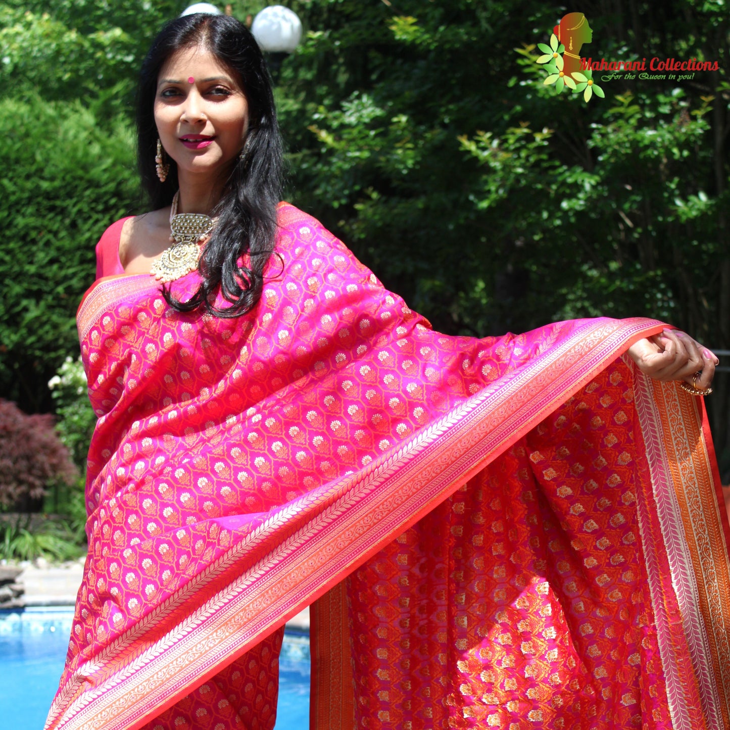 Maharani's Pure Banarasi Silk Saree - Pink (with Stitched Blouse and Petticoat)