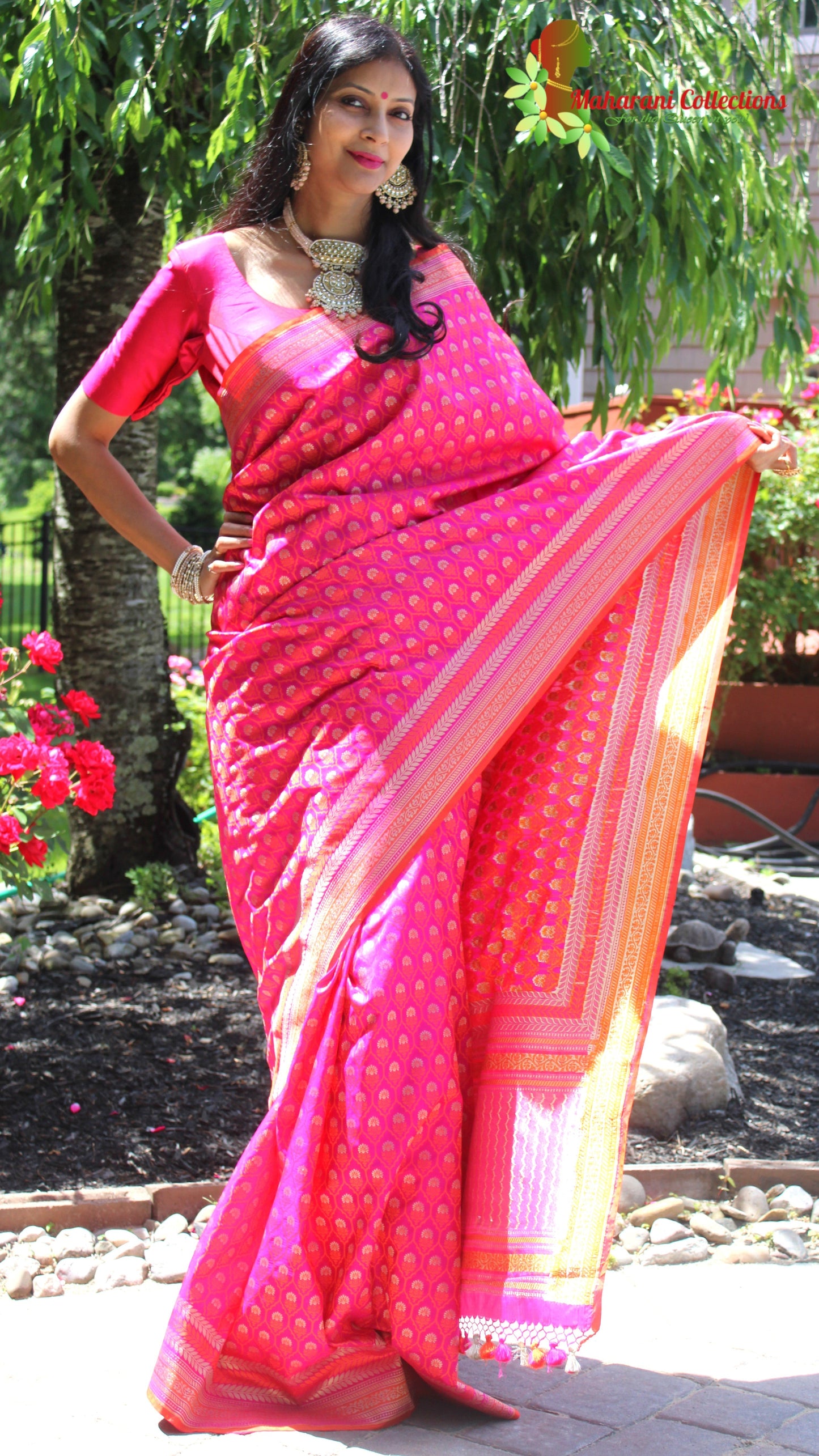 Maharani's Pure Banarasi Silk Saree - Pink (with Stitched Blouse and Petticoat)