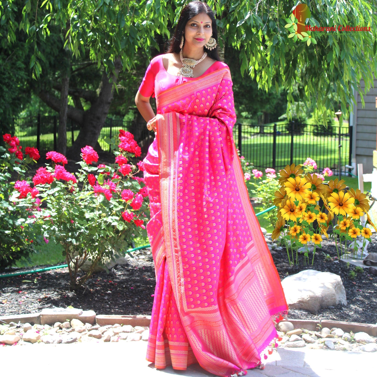 Maharani's Pure Banarasi Silk Saree - Pink (with Stitched Blouse and Petticoat)