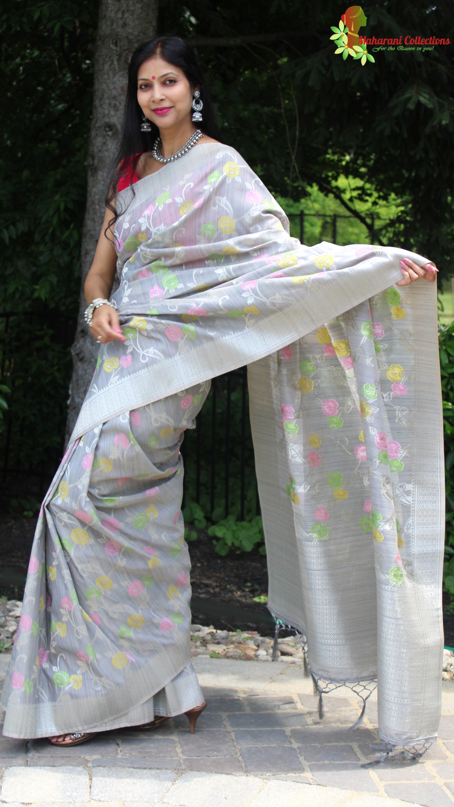 Maharani's Pure Banarasi Silk Saree - Silver Gray (with Stitched Blouse and Petticoat)