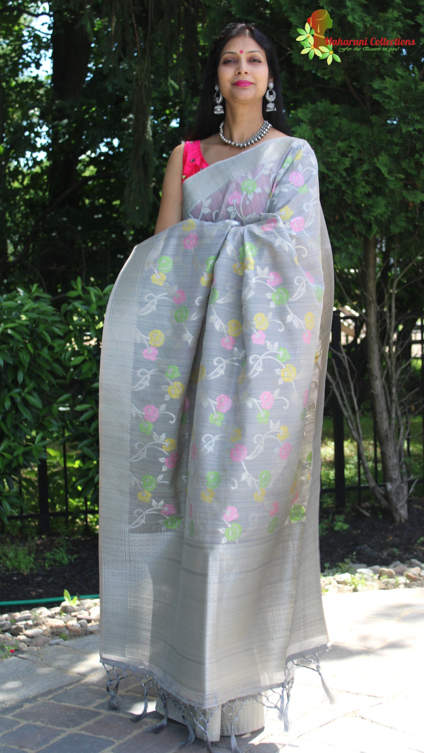Maharani's Pure Banarasi Silk Saree - Silver Gray (with Stitched Blouse and Petticoat)