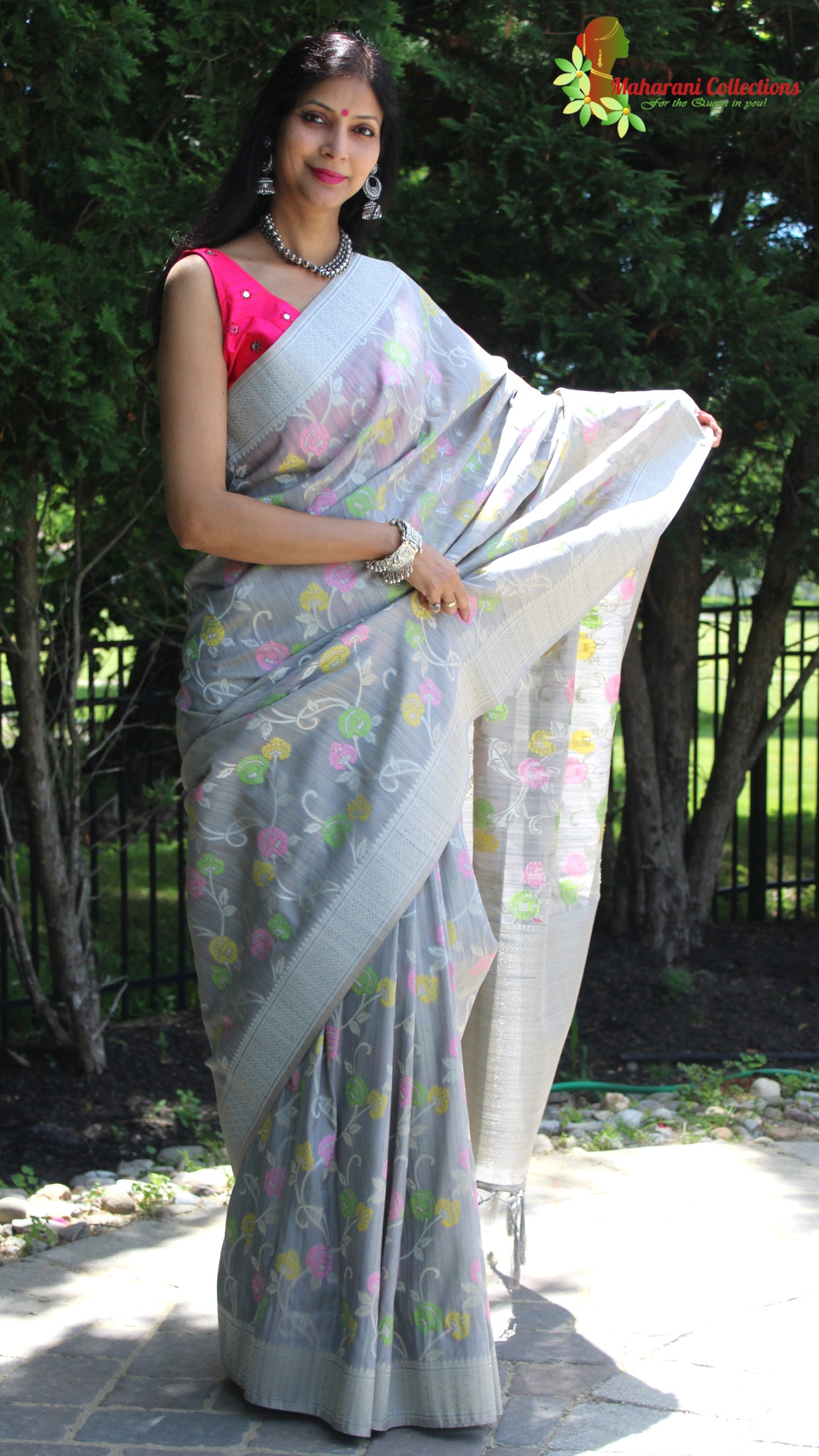 Maharani's Pure Banarasi Silk Saree - Silver Gray (with Stitched Blouse and Petticoat)