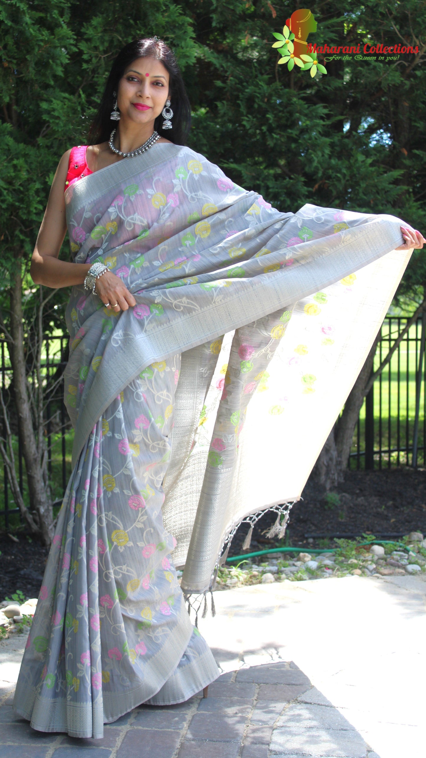 Maharani's Pure Banarasi Silk Saree - Silver Gray (with Stitched Blouse and Petticoat)