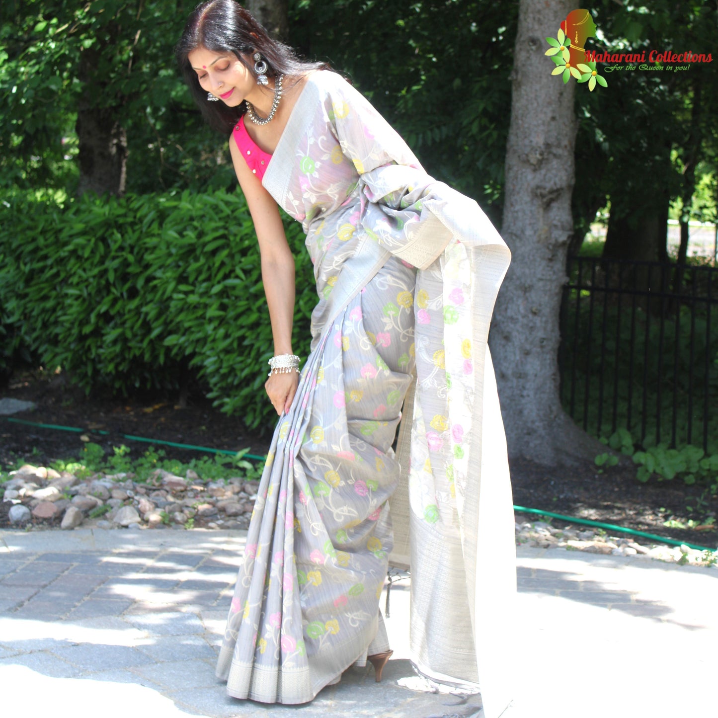 Maharani's Pure Banarasi Silk Saree - Silver Gray (with Stitched Blouse and Petticoat)