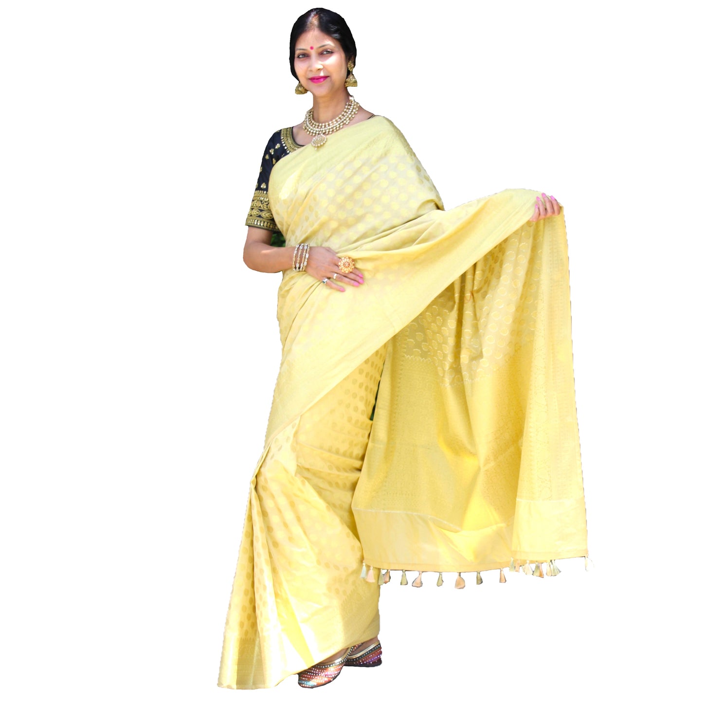 Maharani's Pure Banarasi Silk Saree - Olive Yellow (with Stitched Blouse and Petticoat)