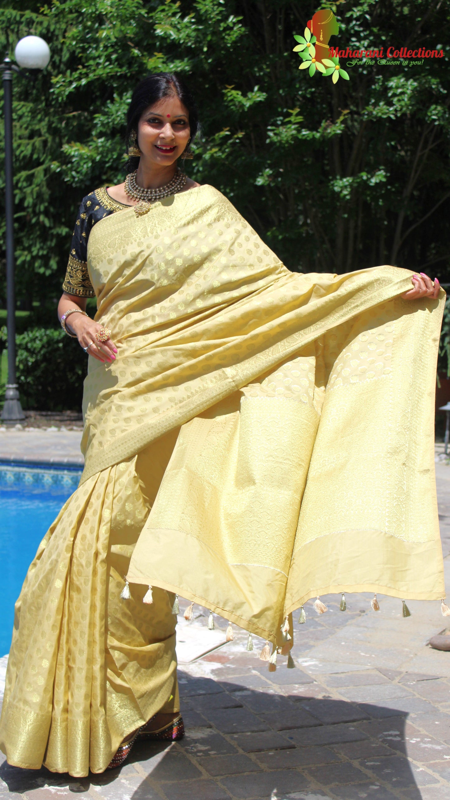 Maharani's Pure Banarasi Silk Saree - Olive Yellow (with Stitched Blouse and Petticoat)