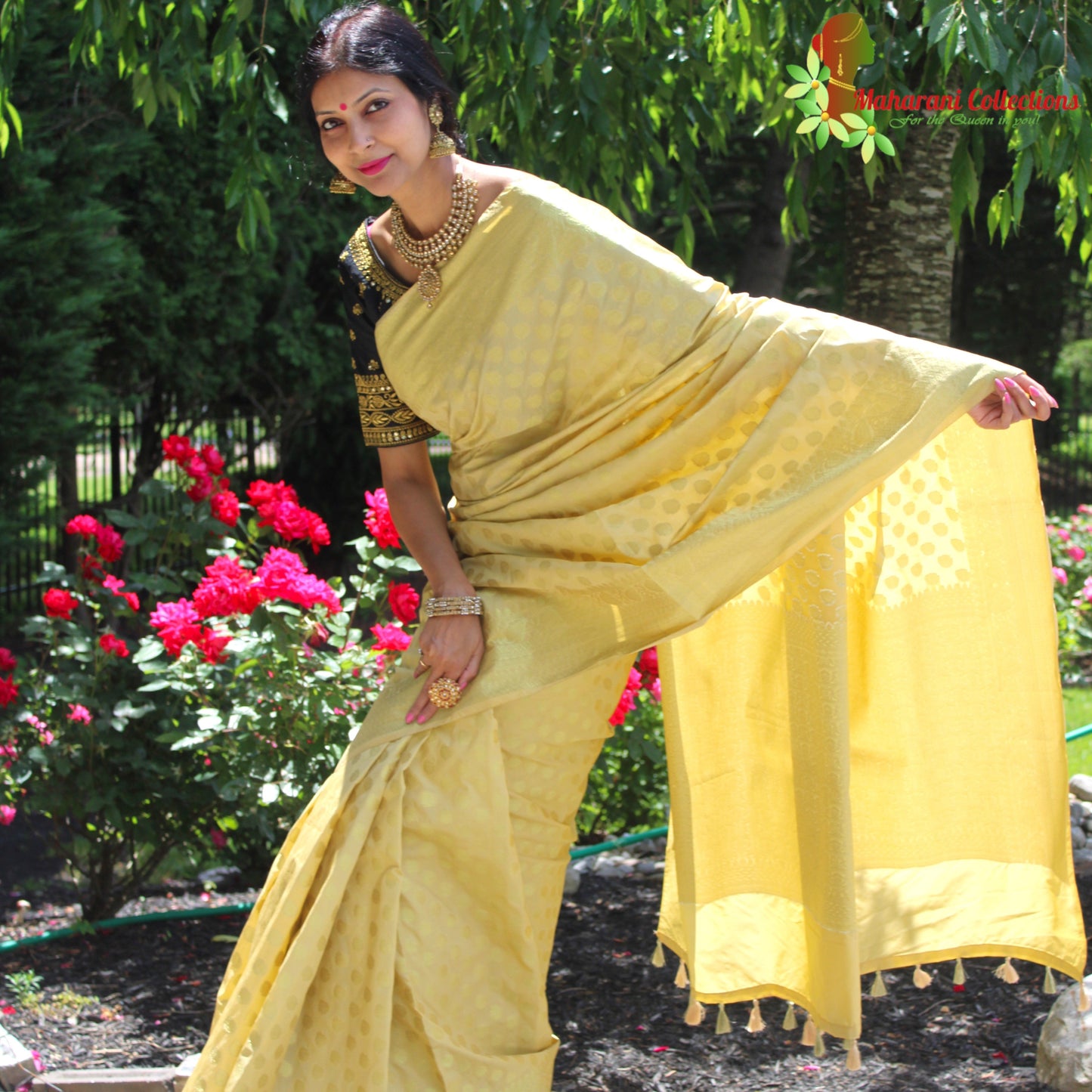 Maharani's Pure Banarasi Silk Saree - Olive Yellow (with Stitched Blouse and Petticoat)