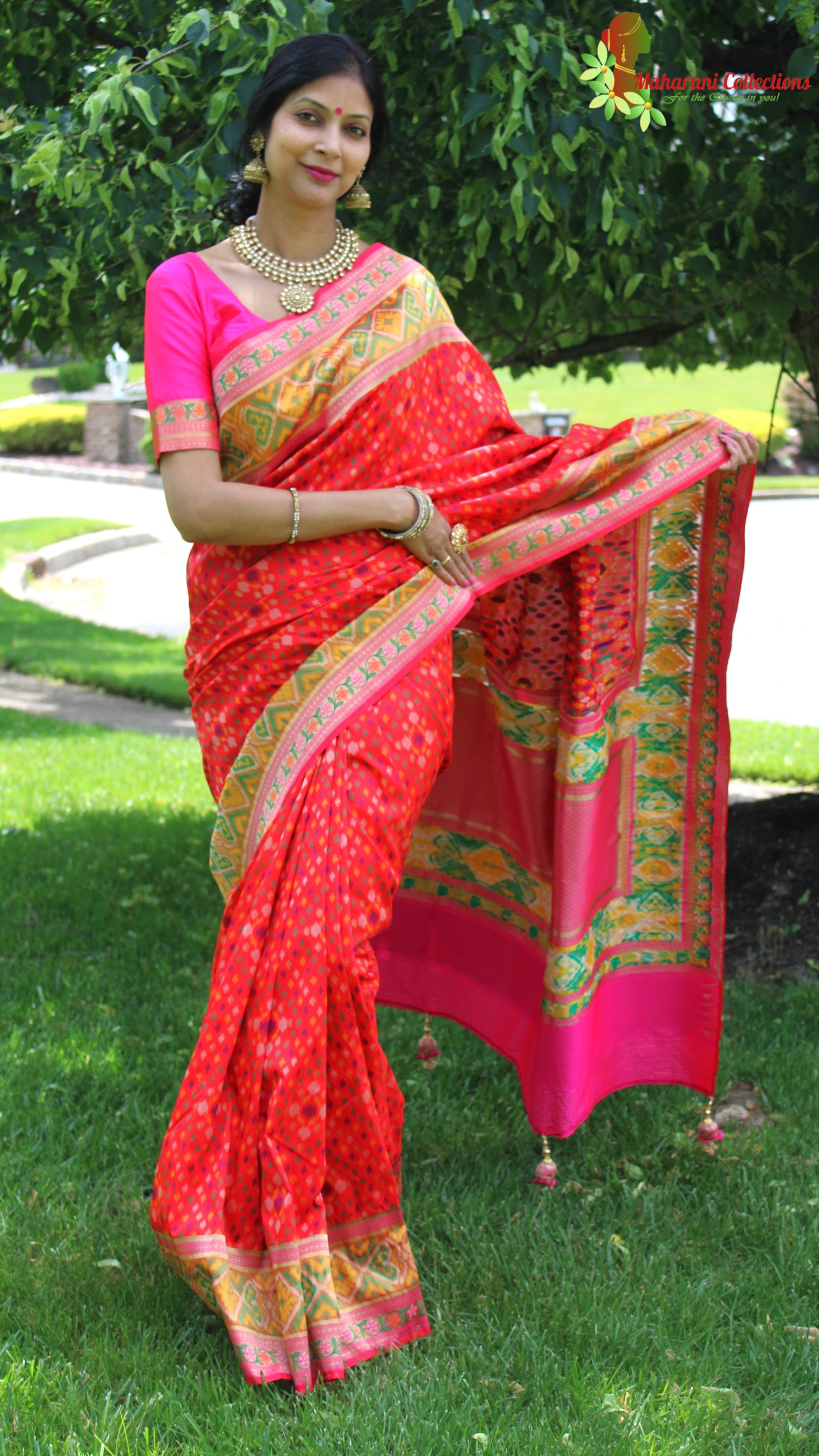 Maharani's Pure Banarasi Ikkat Patola Silk Saree - Red (with Stitched Blouse and Petticoat)