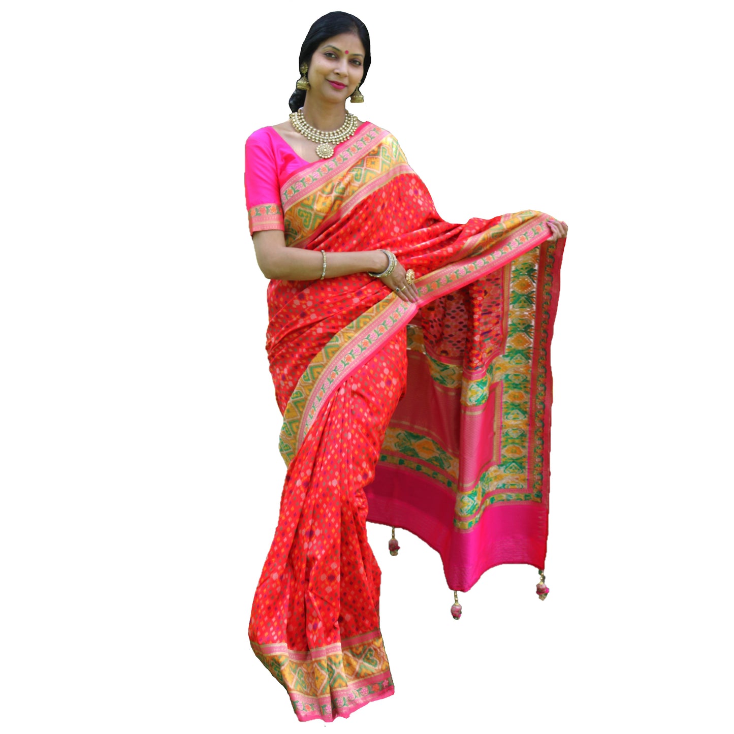 Maharani's Pure Banarasi Ikkat Patola Silk Saree - Red (with Stitched Blouse and Petticoat)