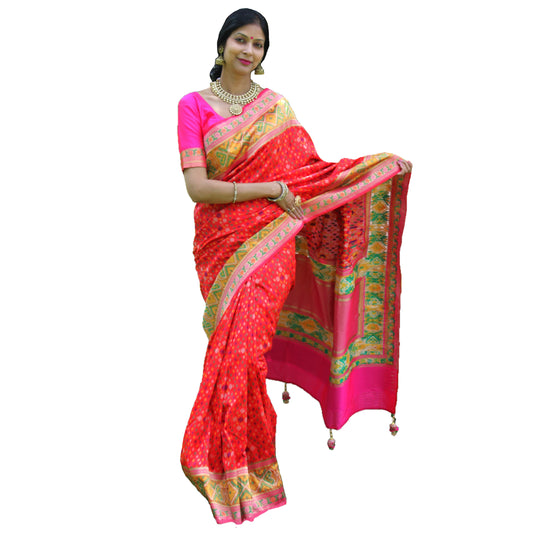 Maharani's Pure Banarasi Ikkat Patola Silk Saree - Red (with Stitched Blouse and Petticoat)