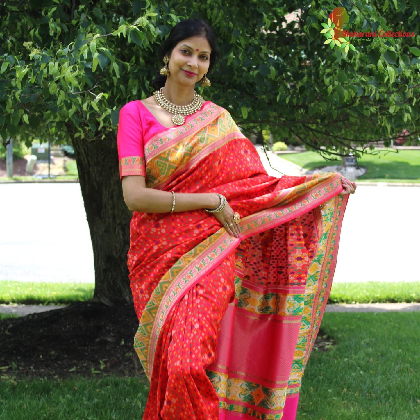 Maharani's Pure Banarasi Ikkat Patola Silk Saree - Red (with Stitched Blouse and Petticoat)