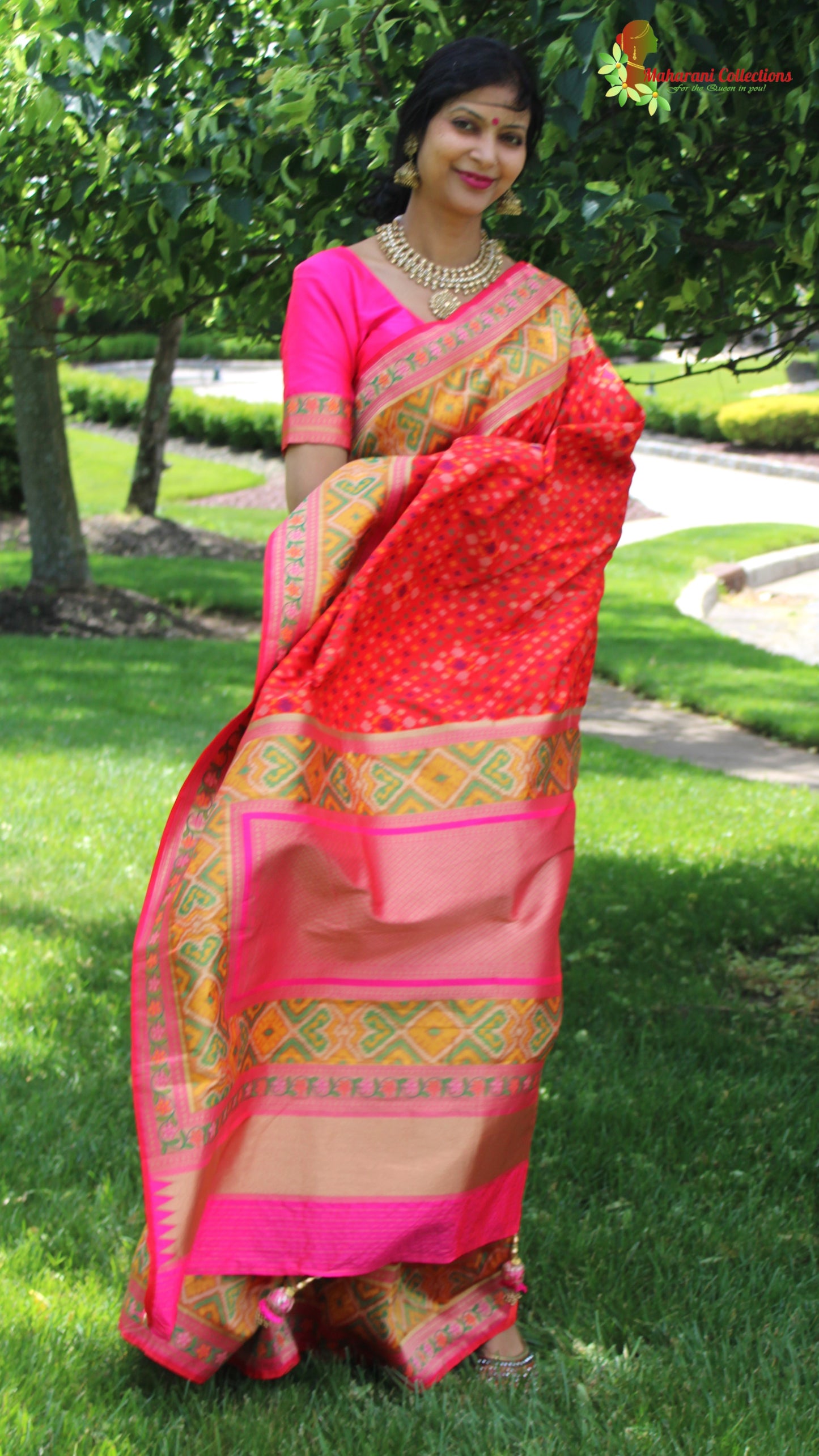 Maharani's Pure Banarasi Ikkat Patola Silk Saree - Red (with Stitched Blouse and Petticoat)