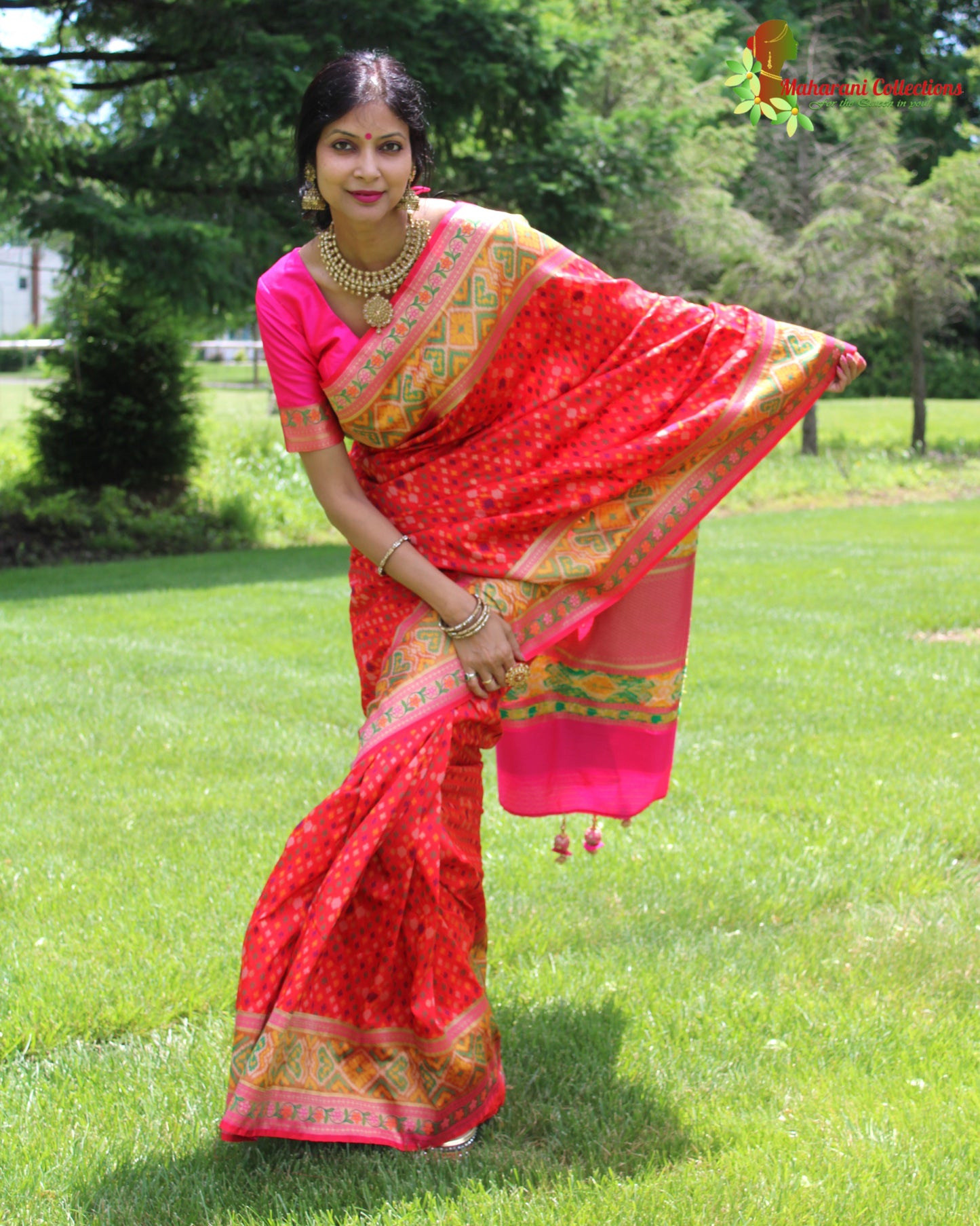 Maharani's Pure Banarasi Ikkat Patola Silk Saree - Red (with Stitched Blouse and Petticoat)