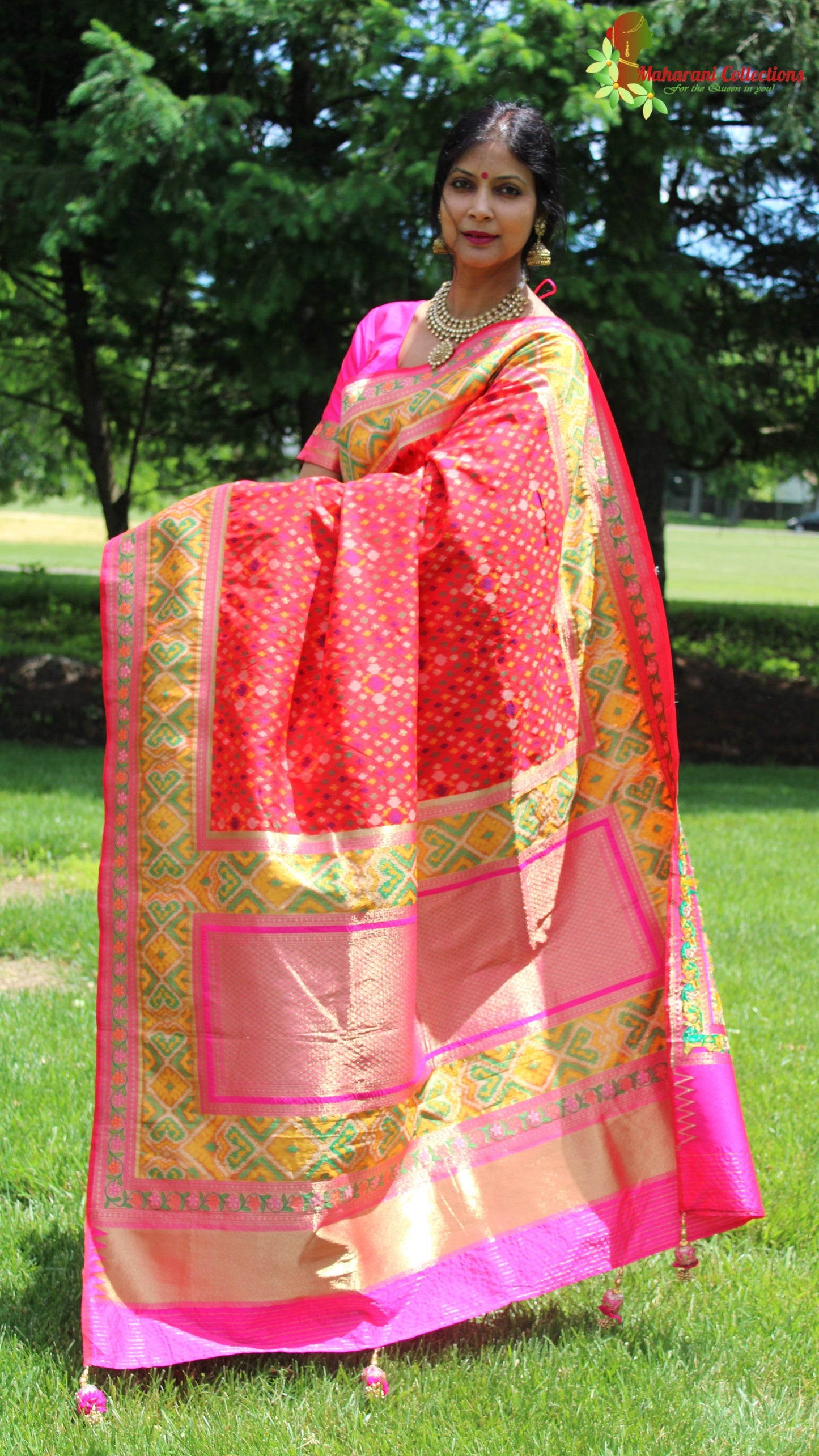 Maharani's Pure Banarasi Ikkat Patola Silk Saree - Red (with Stitched Blouse and Petticoat)