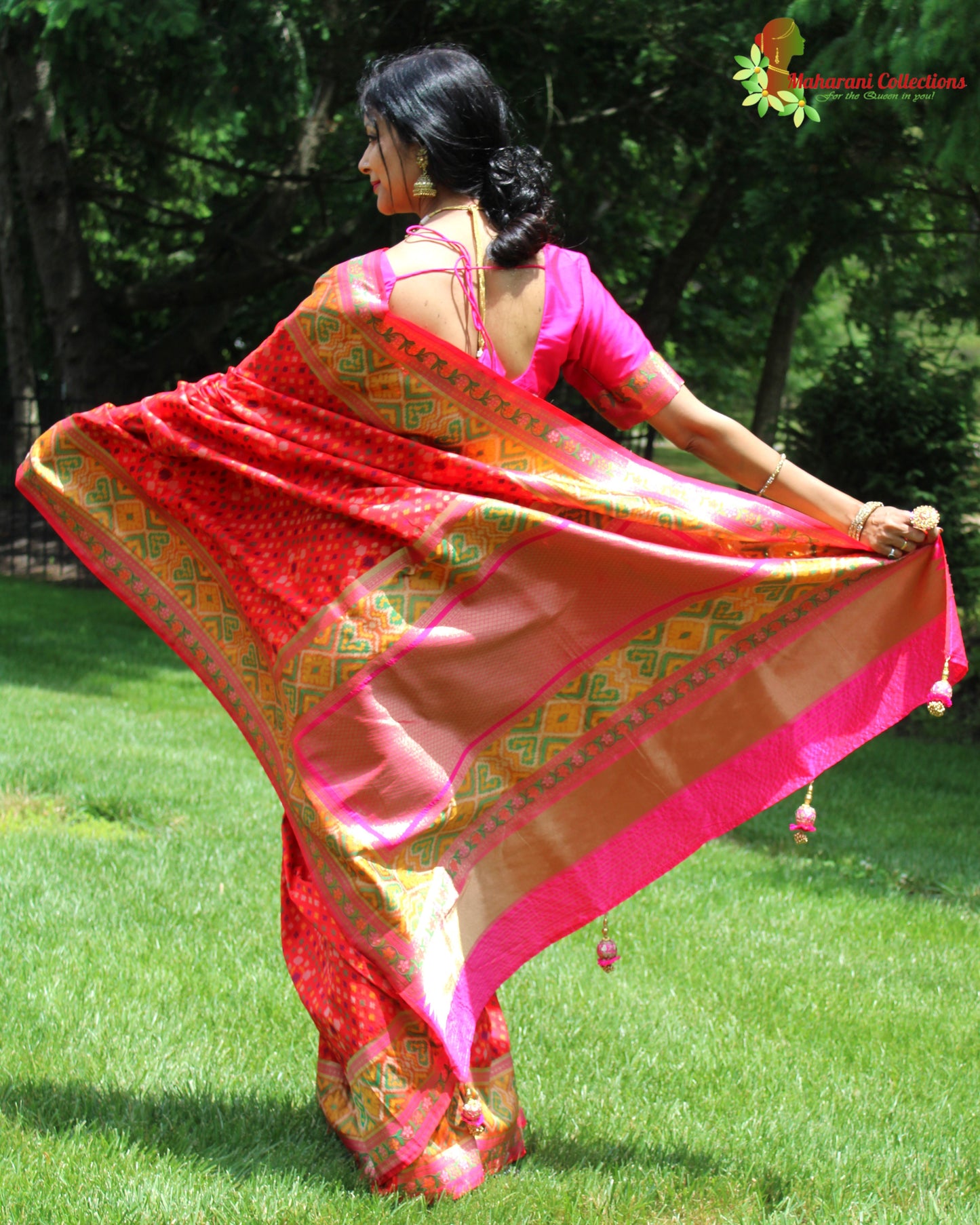 Maharani's Pure Banarasi Ikkat Patola Silk Saree - Red (with Stitched Blouse and Petticoat)